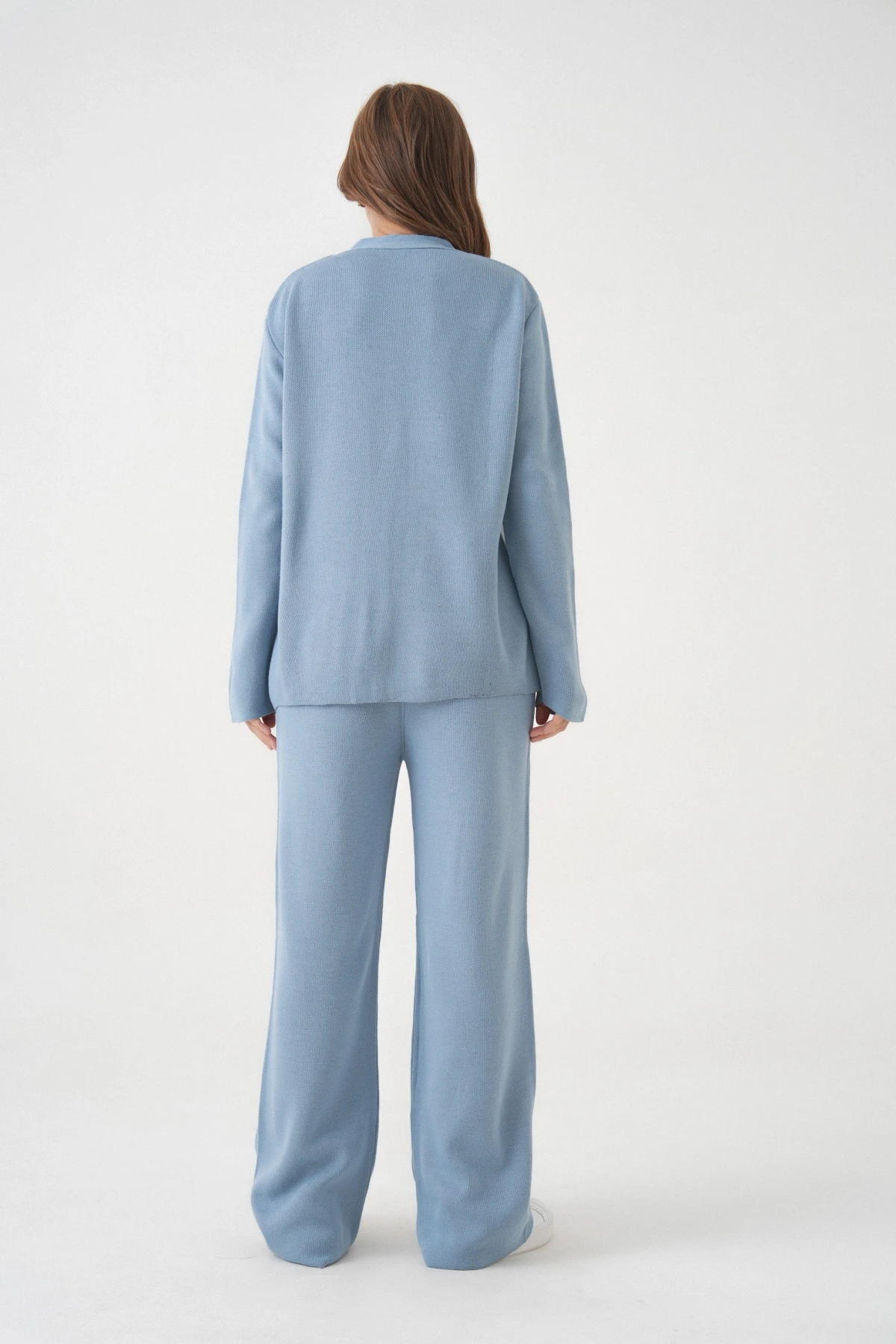 Kadın V Yaka Cep Detay Düğme Kapama Oversize Ceket Pantolon İkili Triko Takım