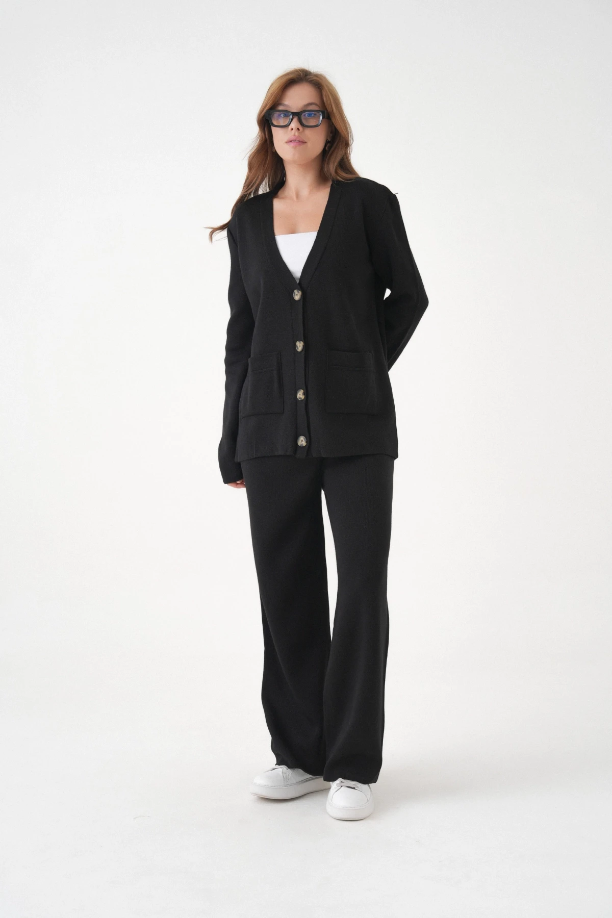 Kadın V Yaka Cep Detay Düğme Kapama Oversize Ceket Pantolon İkili Triko Takım