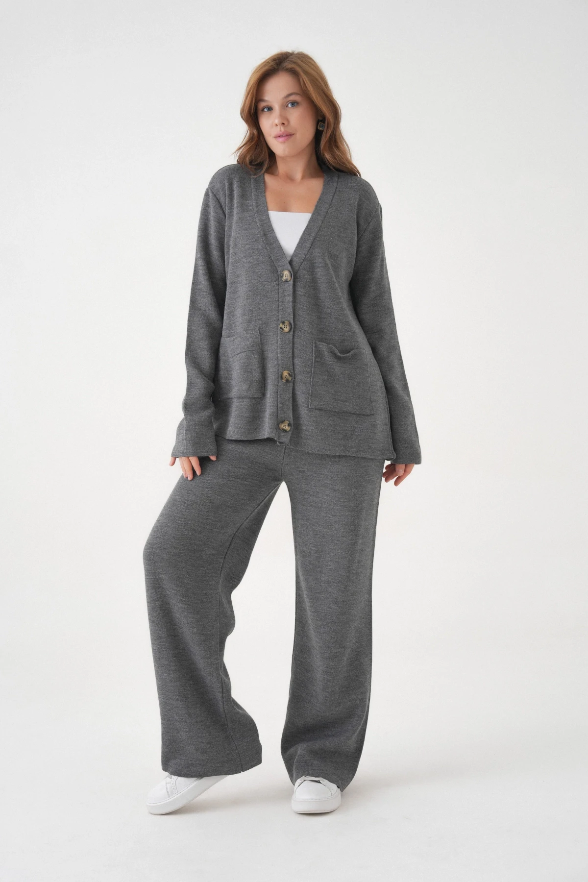 Kadın V Yaka Cep Detay Düğme Kapama Oversize Ceket Pantolon İkili Triko Takım