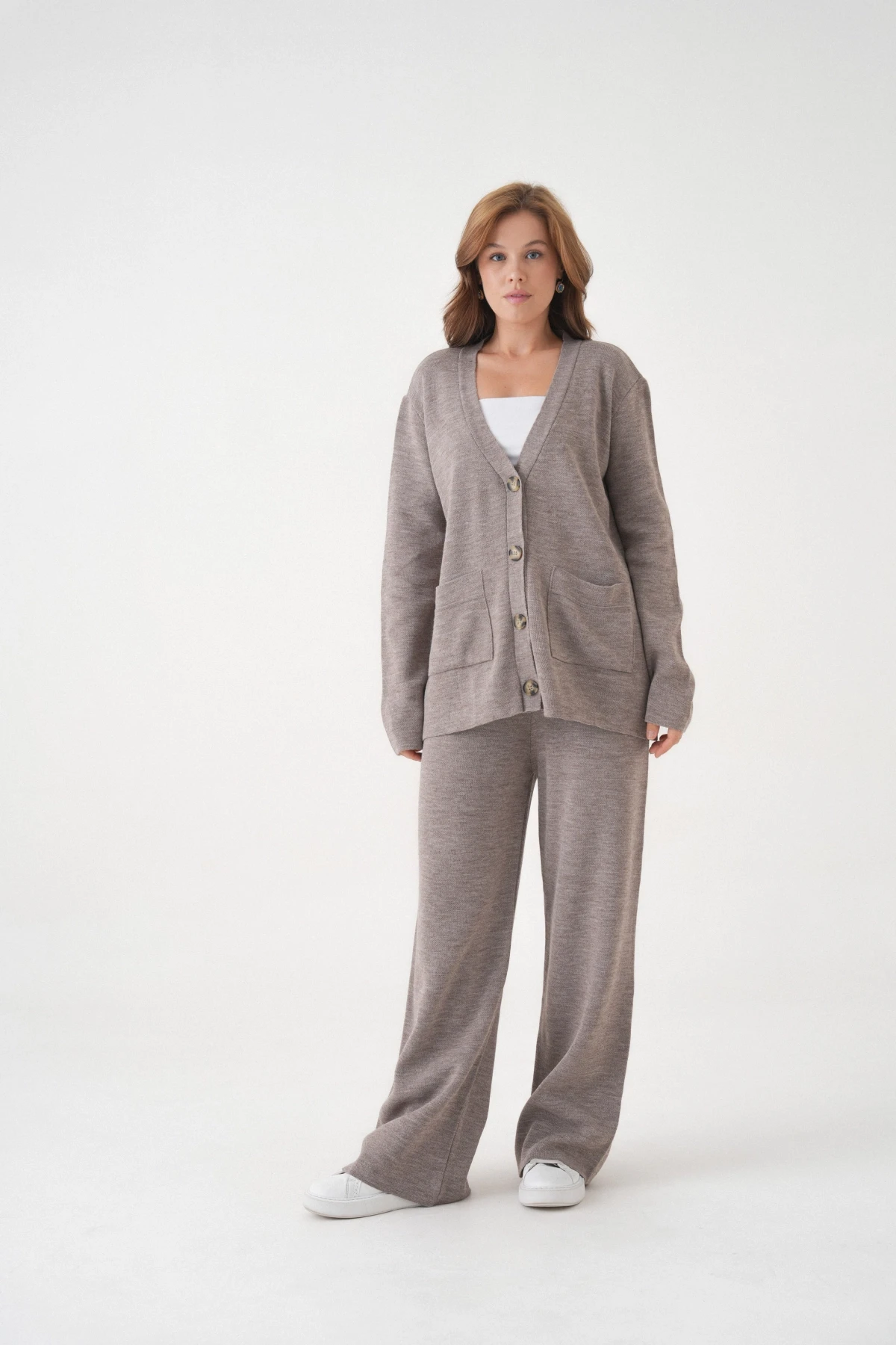 Kadın V Yaka Cep Detay Düğme Kapama Oversize Ceket Pantolon İkili Triko Takım