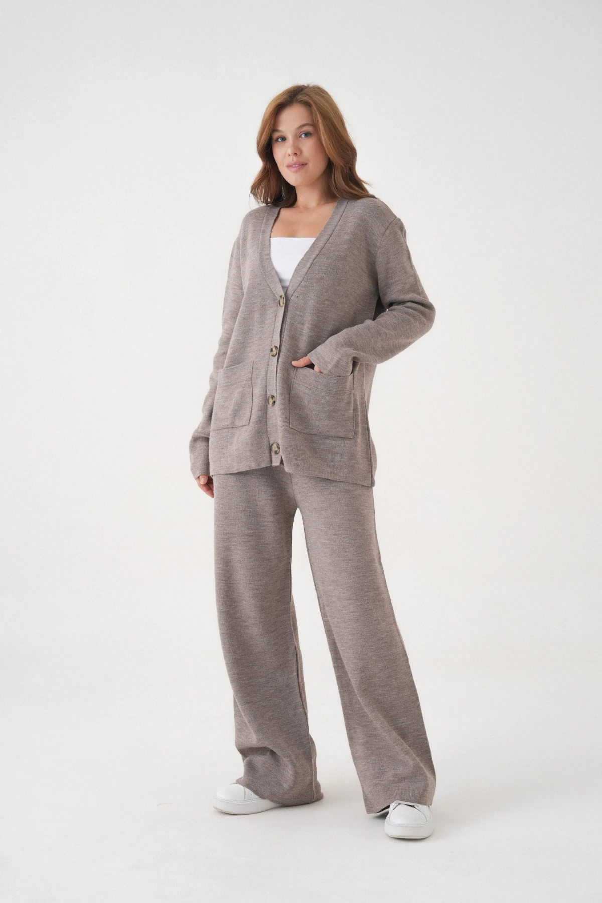 Kadın V Yaka Cep Detay Düğme Kapama Oversize Ceket Pantolon İkili Triko Takım