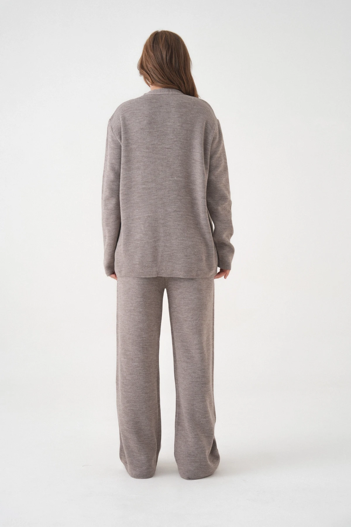 Kadın V Yaka Cep Detay Düğme Kapama Oversize Ceket Pantolon İkili Triko Takım