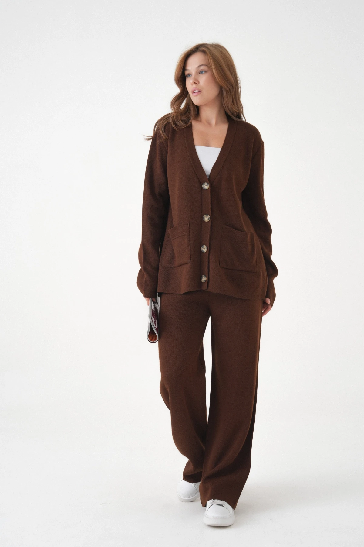 Kadın V Yaka Cep Detay Düğme Kapama Oversize Ceket Pantolon İkili Triko Takım
