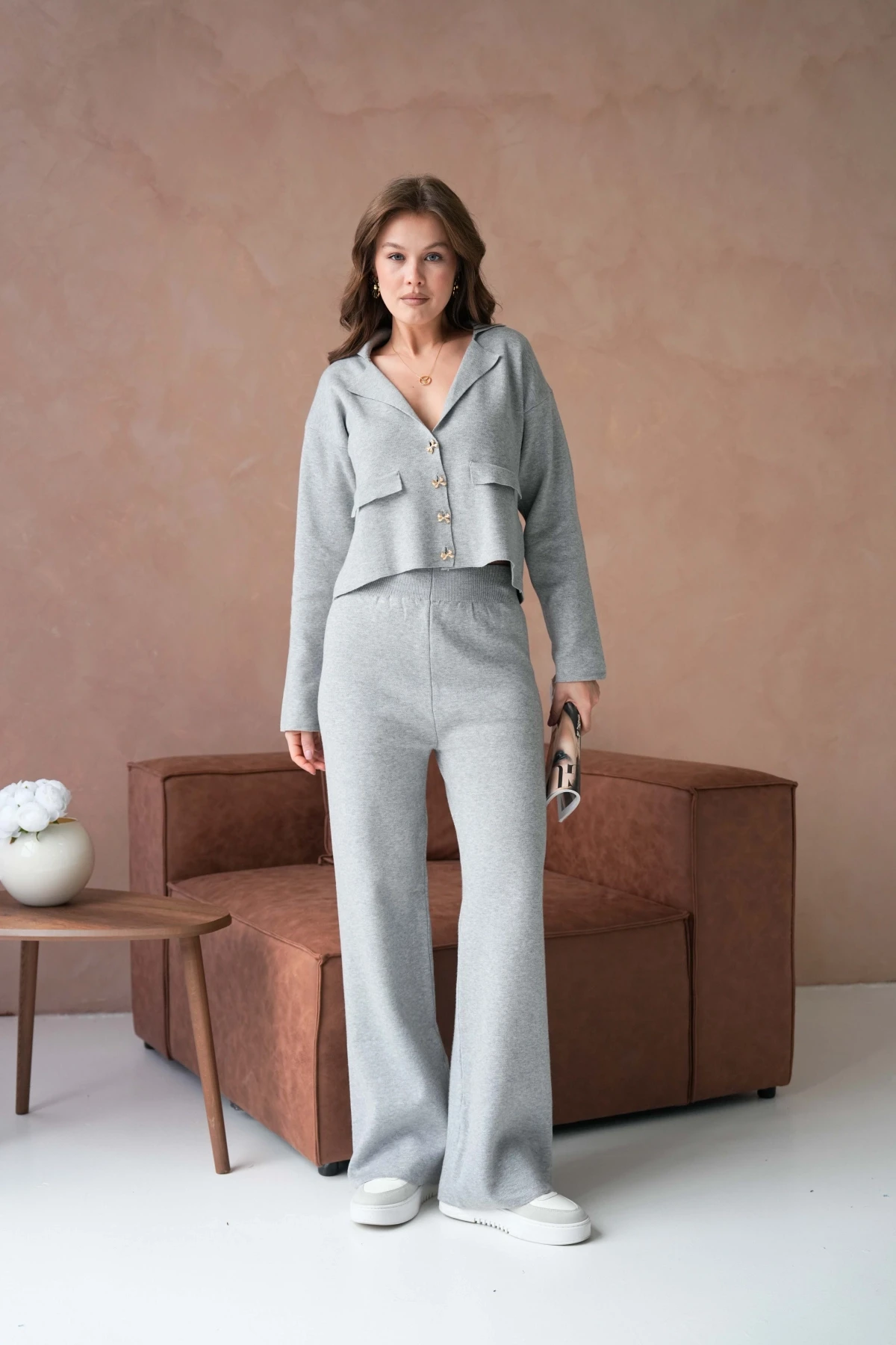 Kadın V Yaka Düğme Detay Ceket Pantolon İkili Triko Takım