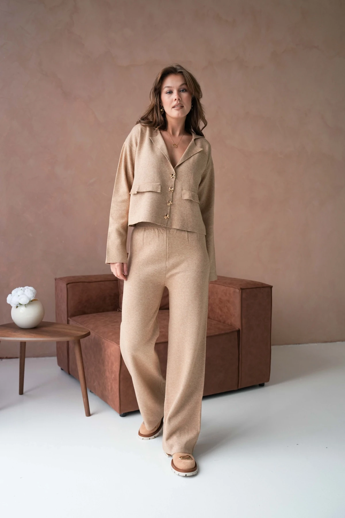 Kadın V Yaka Düğme Detay Ceket Pantolon İkili Triko Takım