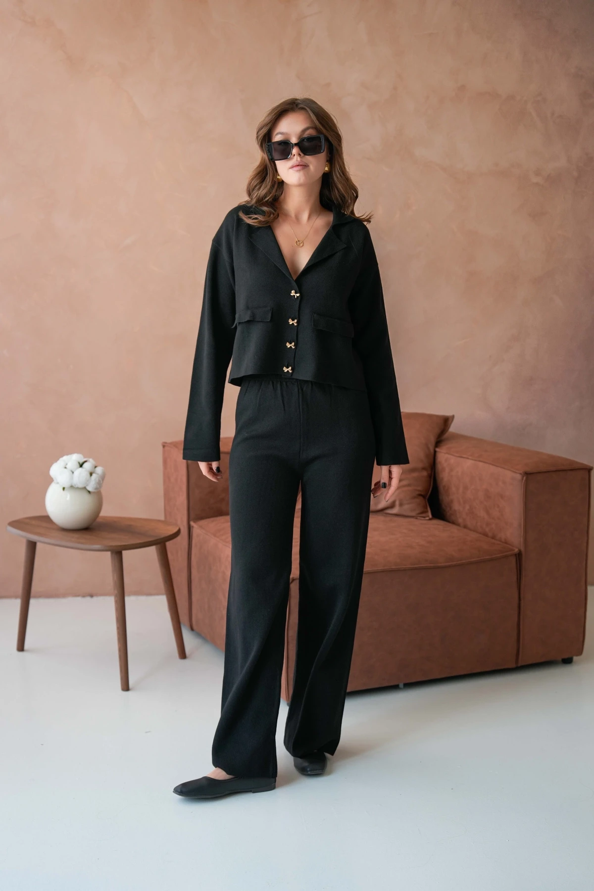 Kadın V Yaka Düğme Detay Ceket Pantolon İkili Triko Takım