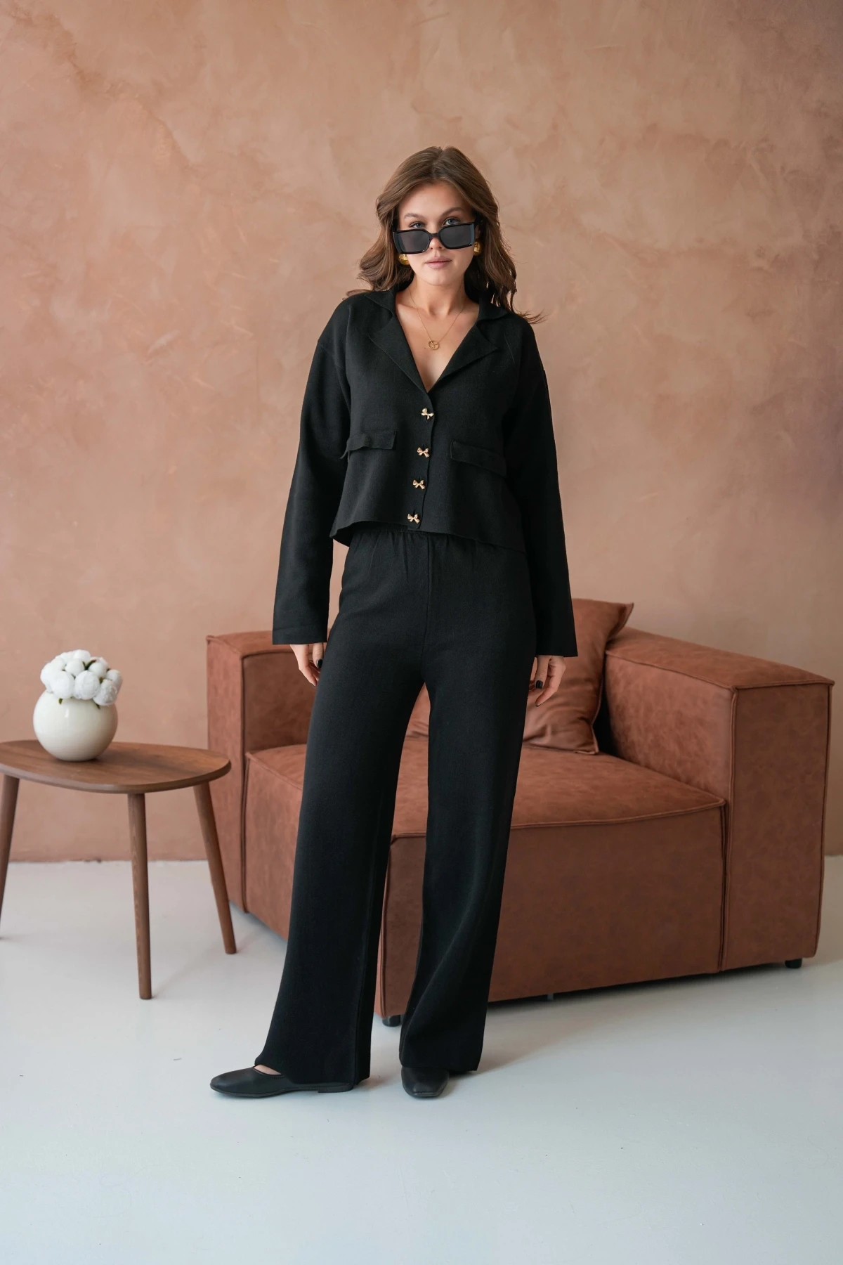 Kadın V Yaka Düğme Detay Ceket Pantolon İkili Triko Takım