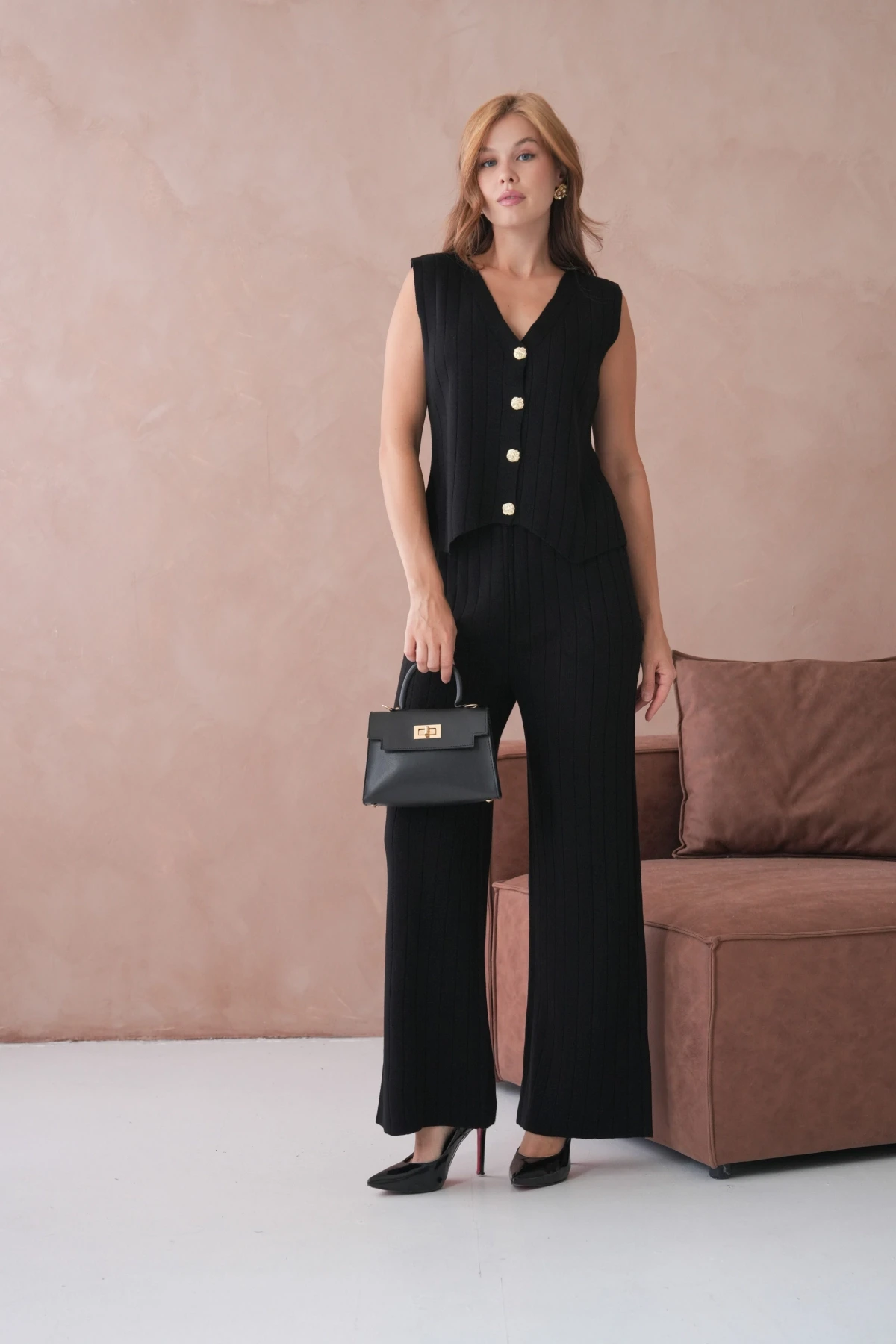 Kadın V Yaka Düğme Detay Yelek Pantolon İkili Triko Takım