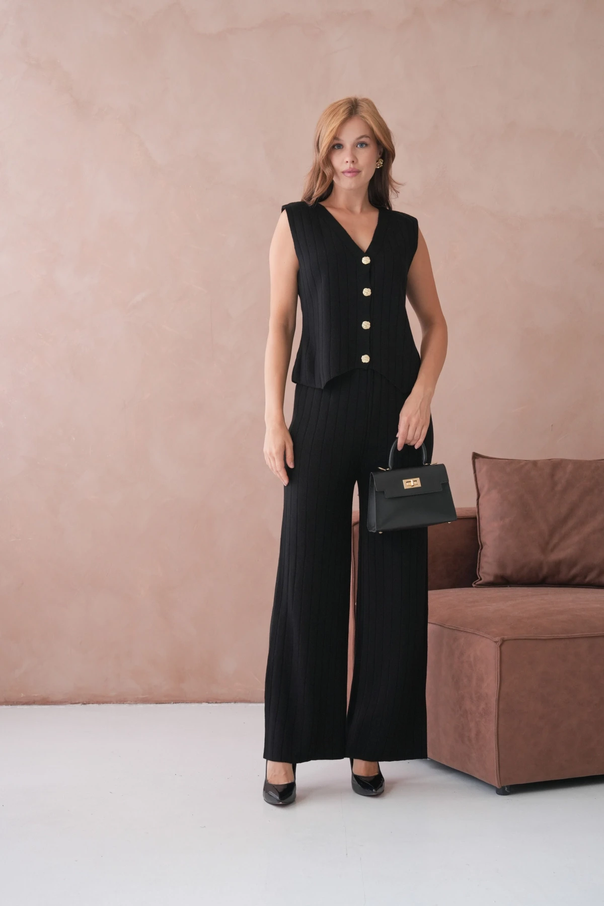 Kadın V Yaka Düğme Detay Yelek Pantolon İkili Triko Takım