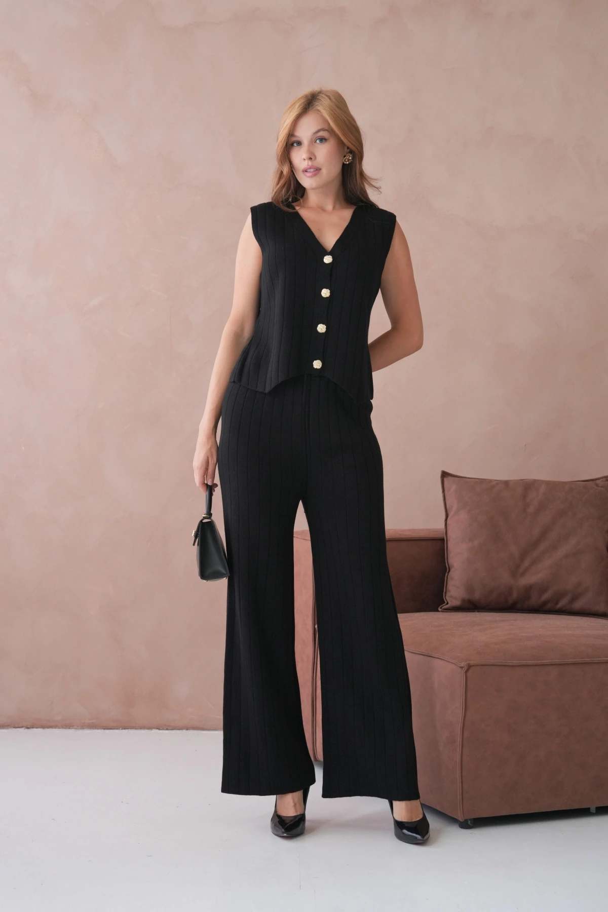 Kadın V Yaka Düğme Detay Yelek Pantolon İkili Triko Takım