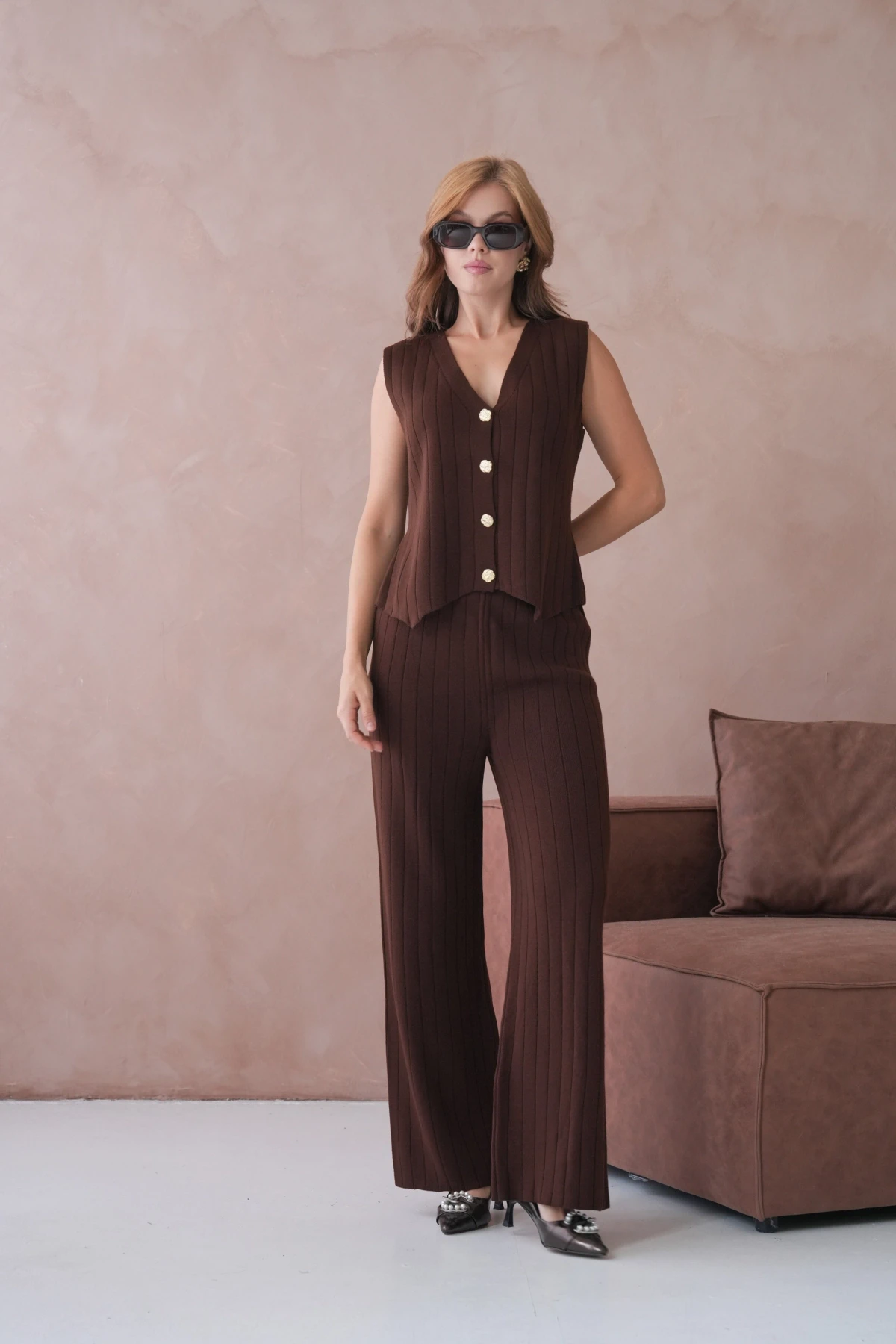 Kadın V Yaka Düğme Detay Yelek Pantolon İkili Triko Takım