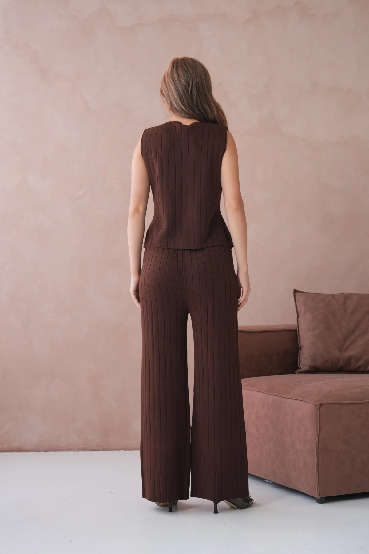 Kadın V Yaka Düğme Detay Yelek Pantolon İkili Triko Takım