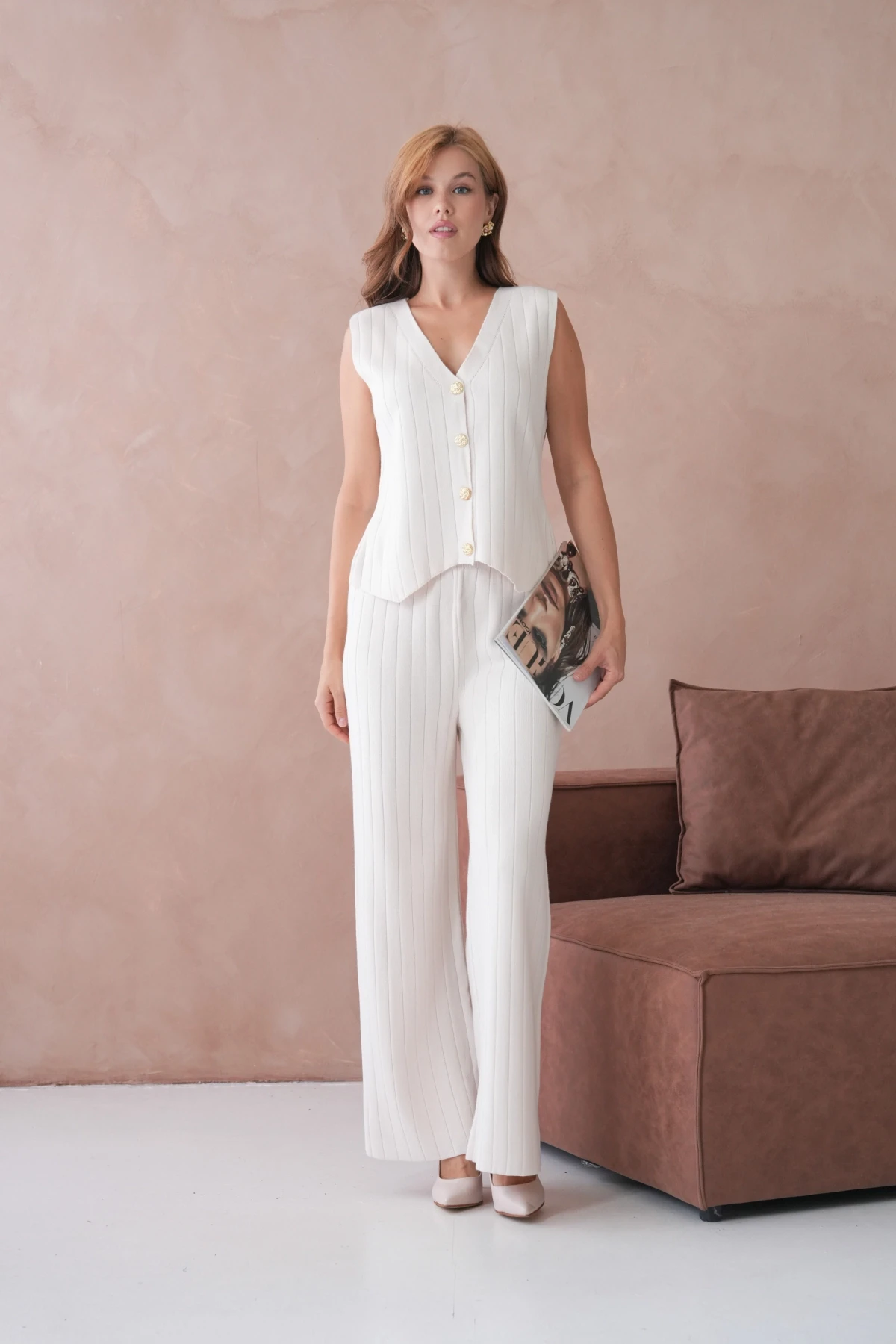 Kadın V Yaka Düğme Detay Yelek Pantolon İkili Triko Takım