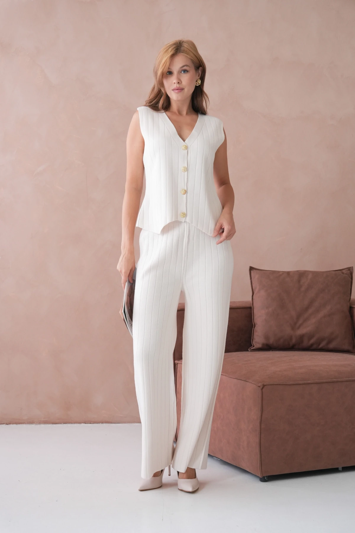 Kadın V Yaka Düğme Detay Yelek Pantolon İkili Triko Takım