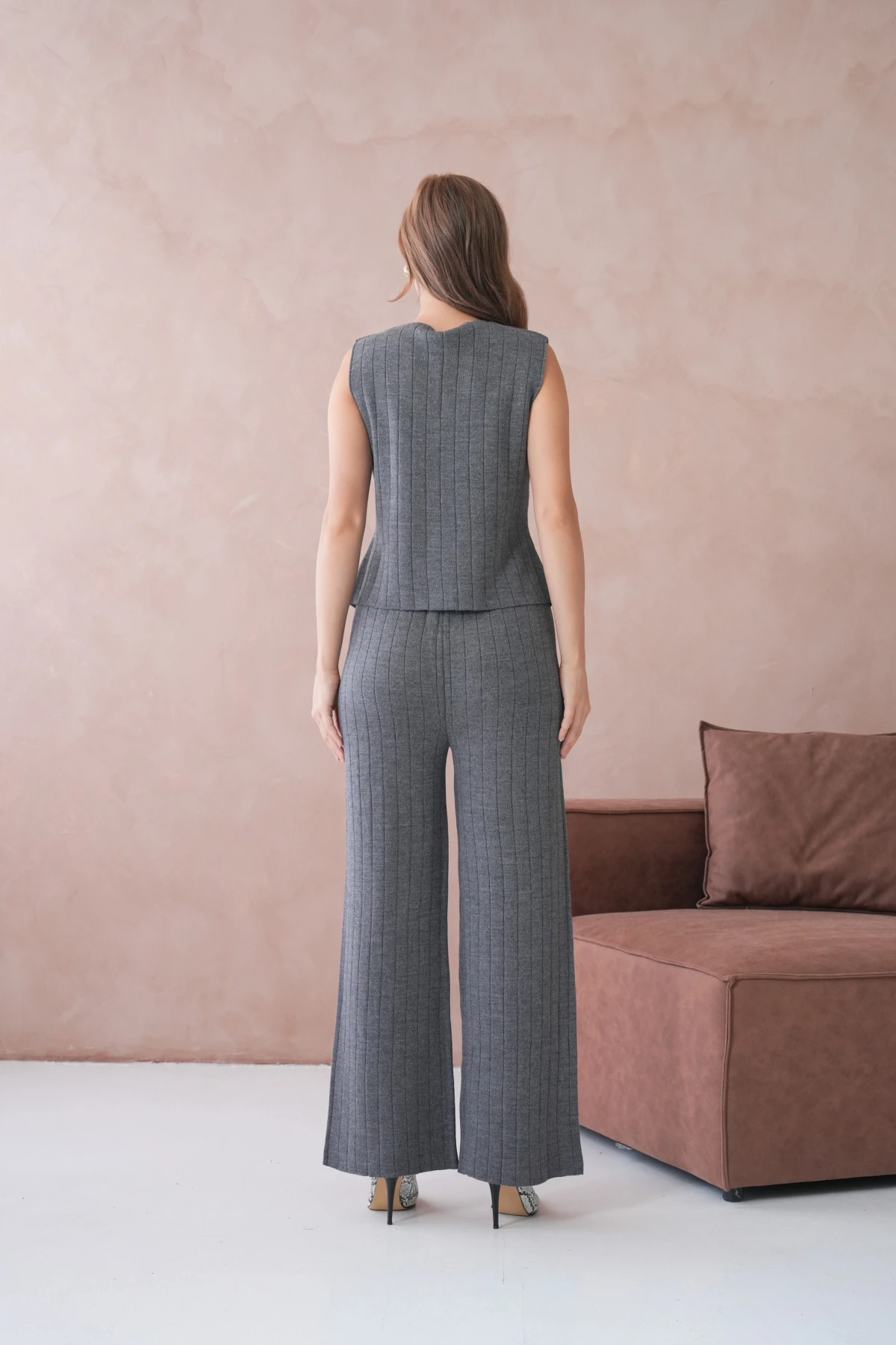 Kadın V Yaka Düğme Detay Yelek Pantolon İkili Triko Takım