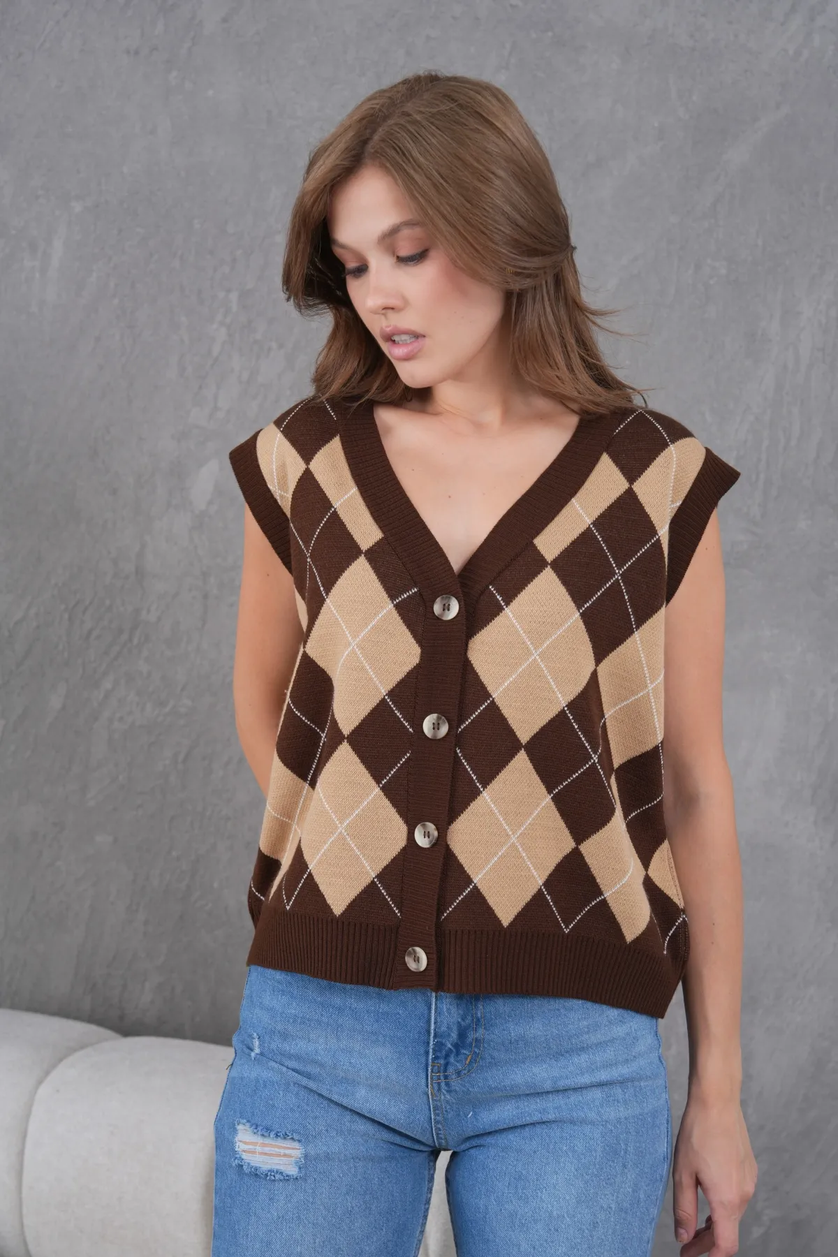 Kadın V Yaka Düğme Kapama Desenli Triko Sweater