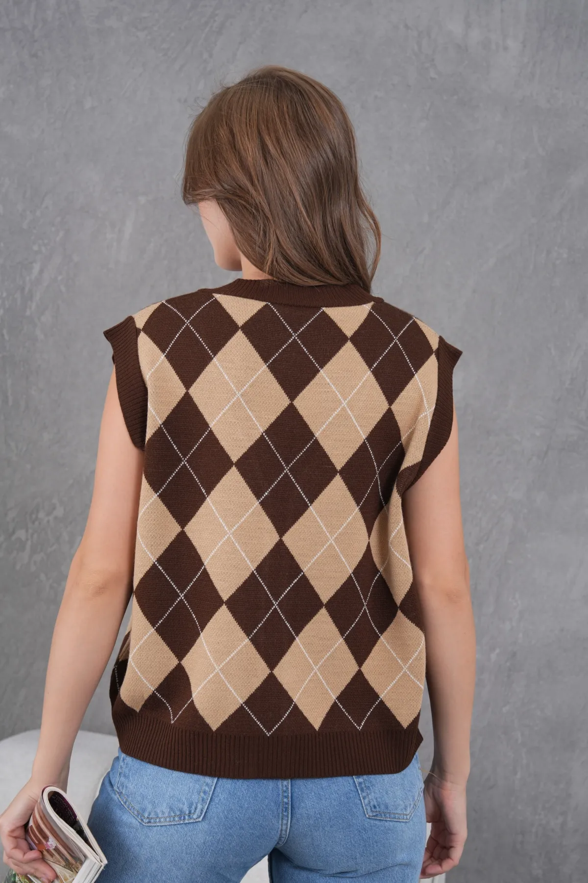 Kadın V Yaka Düğme Kapama Desenli Triko Sweater