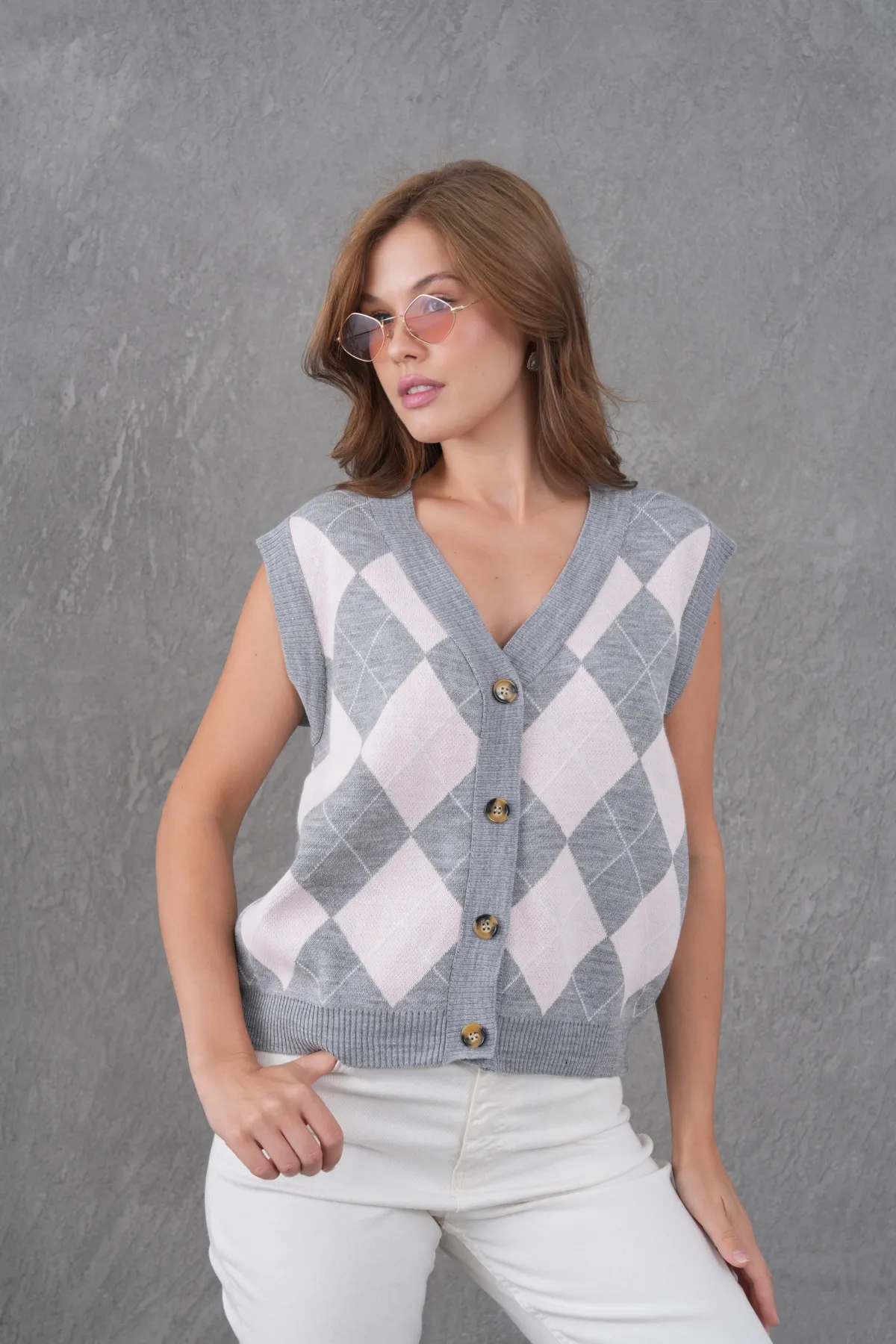 Kadın V Yaka Düğme Kapama Desenli Triko Sweater