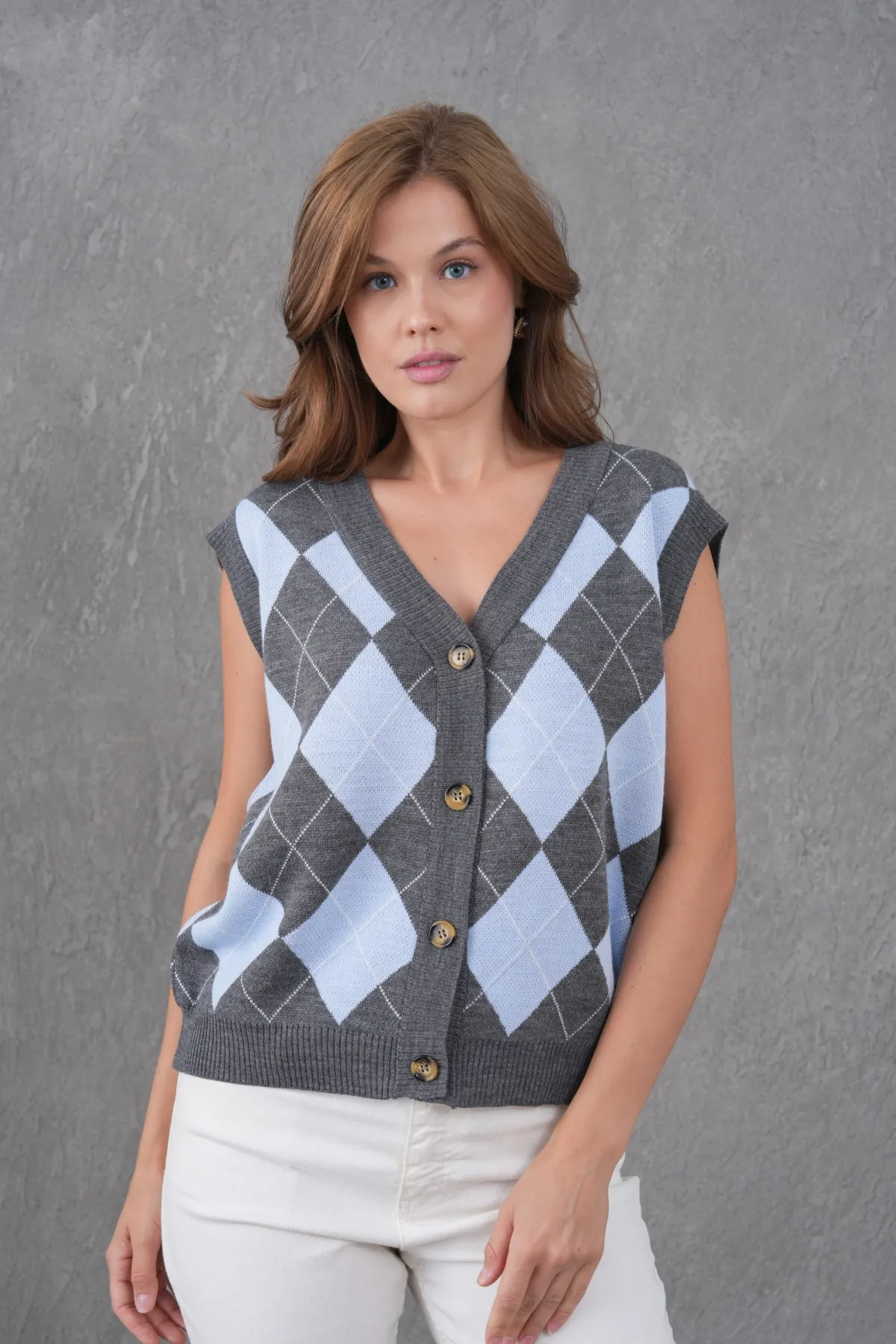 Kadın V Yaka Düğme Kapama Desenli Triko Sweater