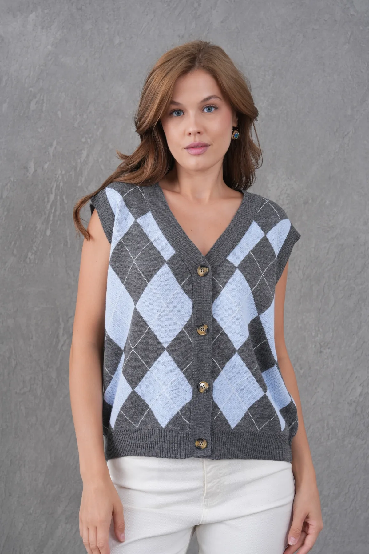 Kadın V Yaka Düğme Kapama Desenli Triko Sweater