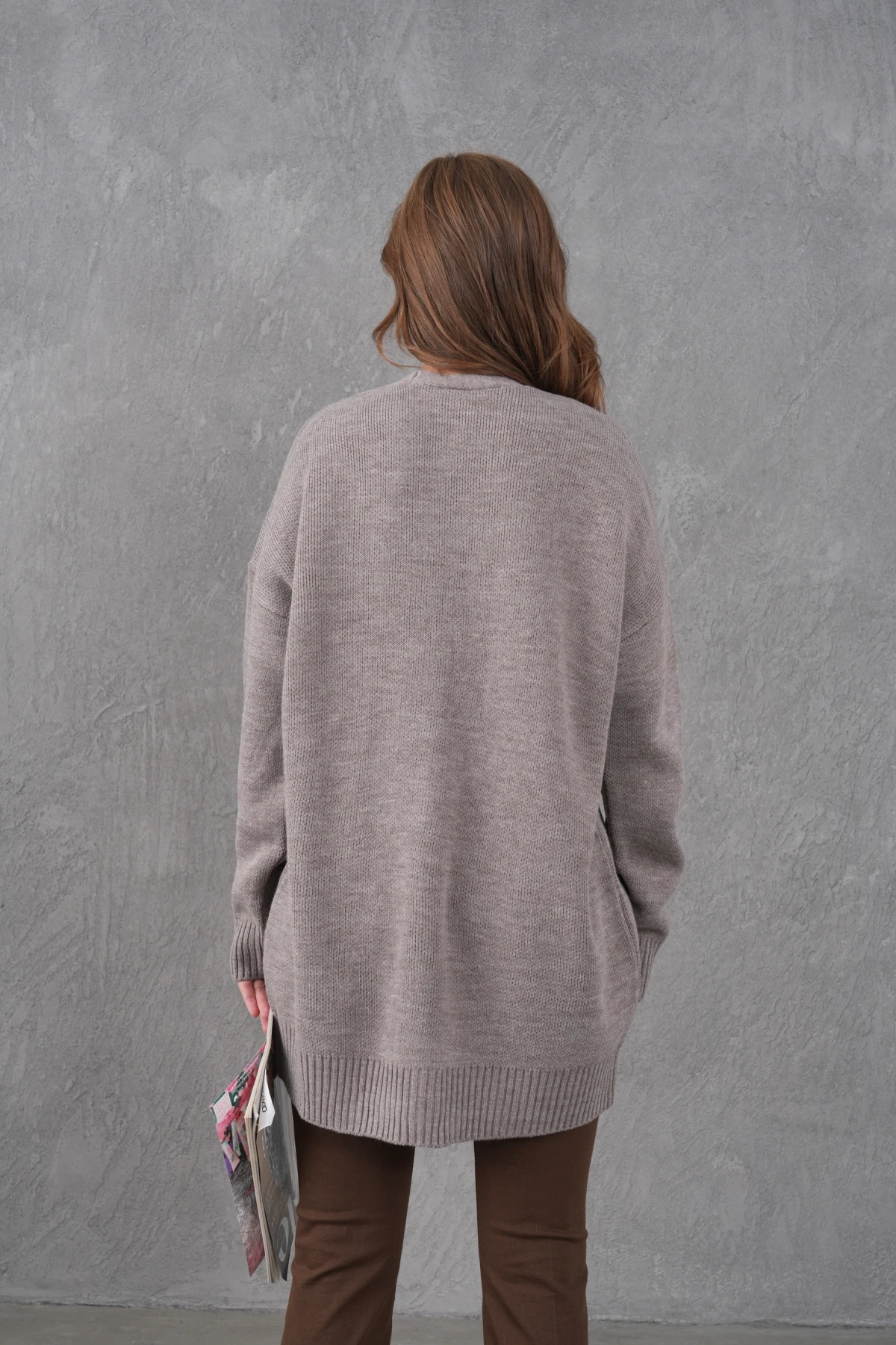 Kadın V Yaka Düğme Kapama Oversize Uzun Triko Hırka 8596