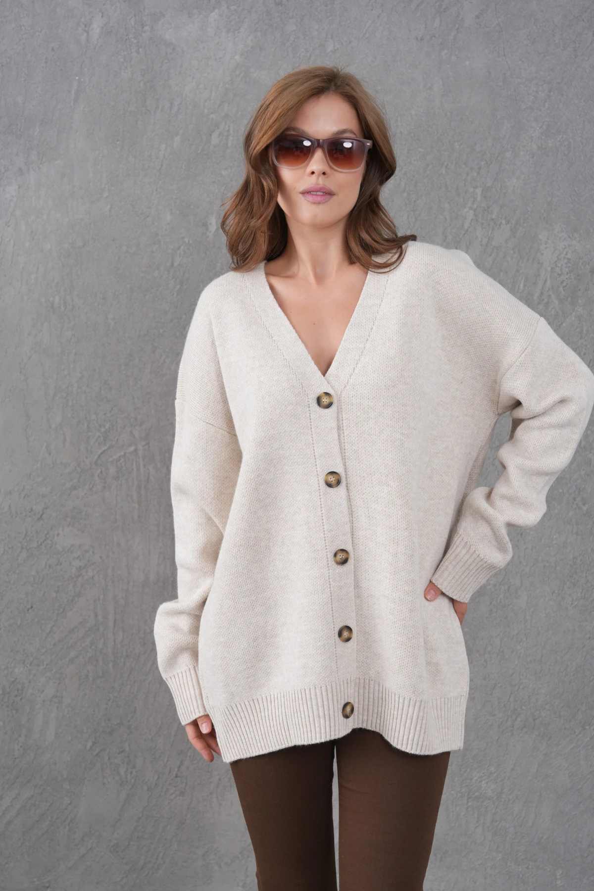 Kadın V Yaka Düğme Kapama Oversize Uzun Triko Hırka 8596