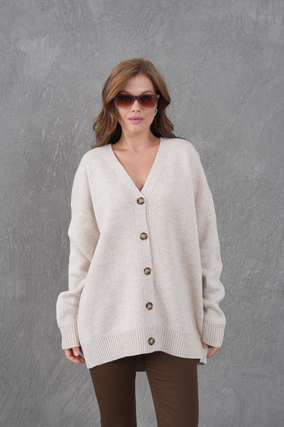 Kadın V Yaka Düğme Kapama Oversize Uzun Triko Hırka 8596