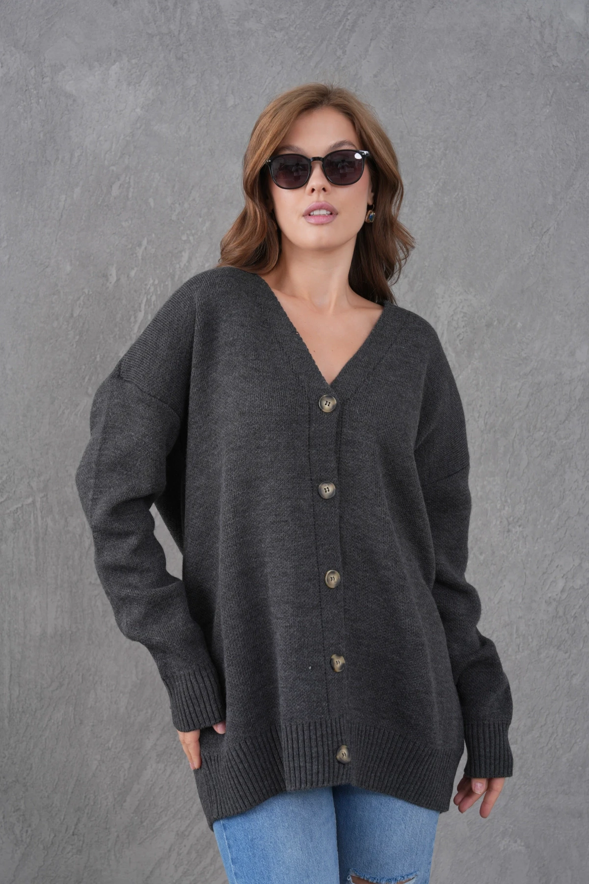 Kadın V Yaka Düğme Kapama Oversize Uzun Triko Hırka 8596