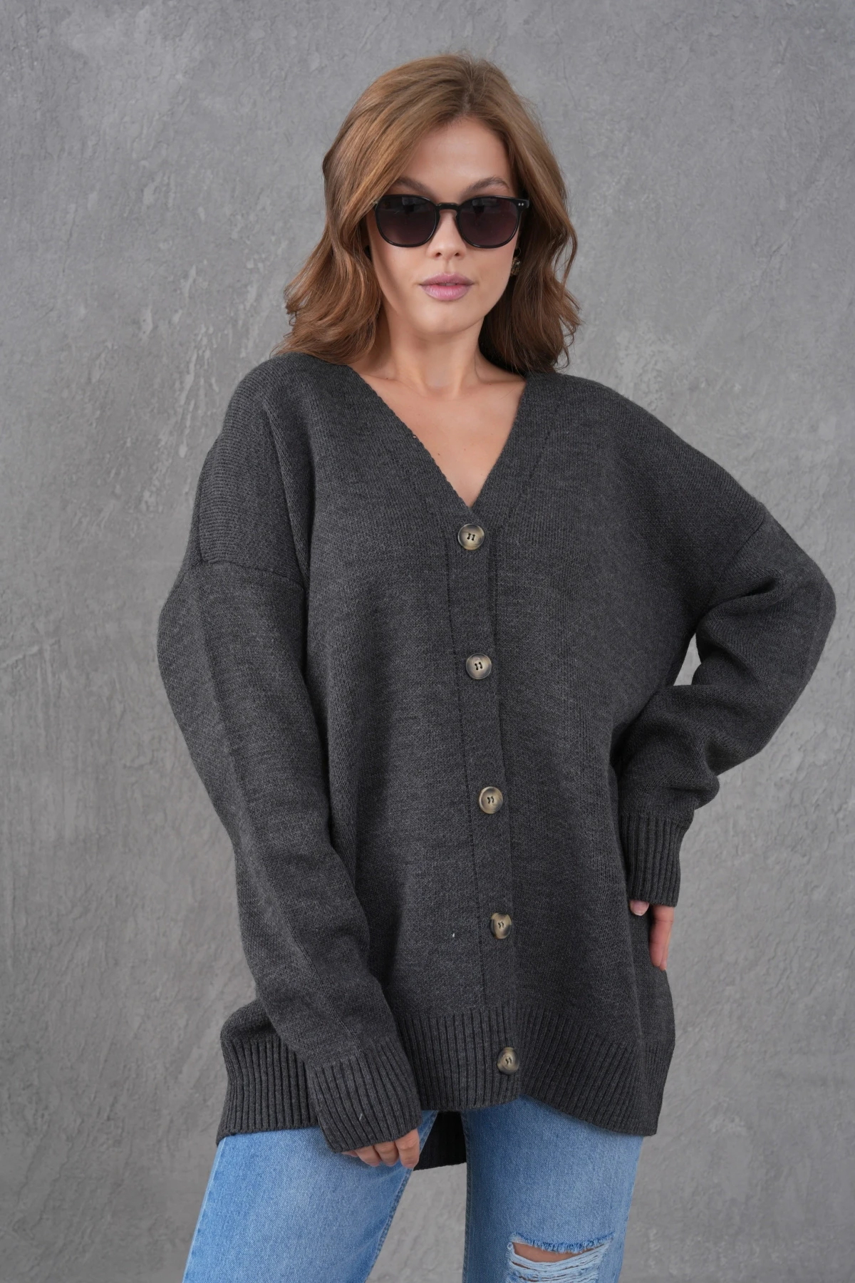 Kadın V Yaka Düğme Kapama Oversize Uzun Triko Hırka 8596