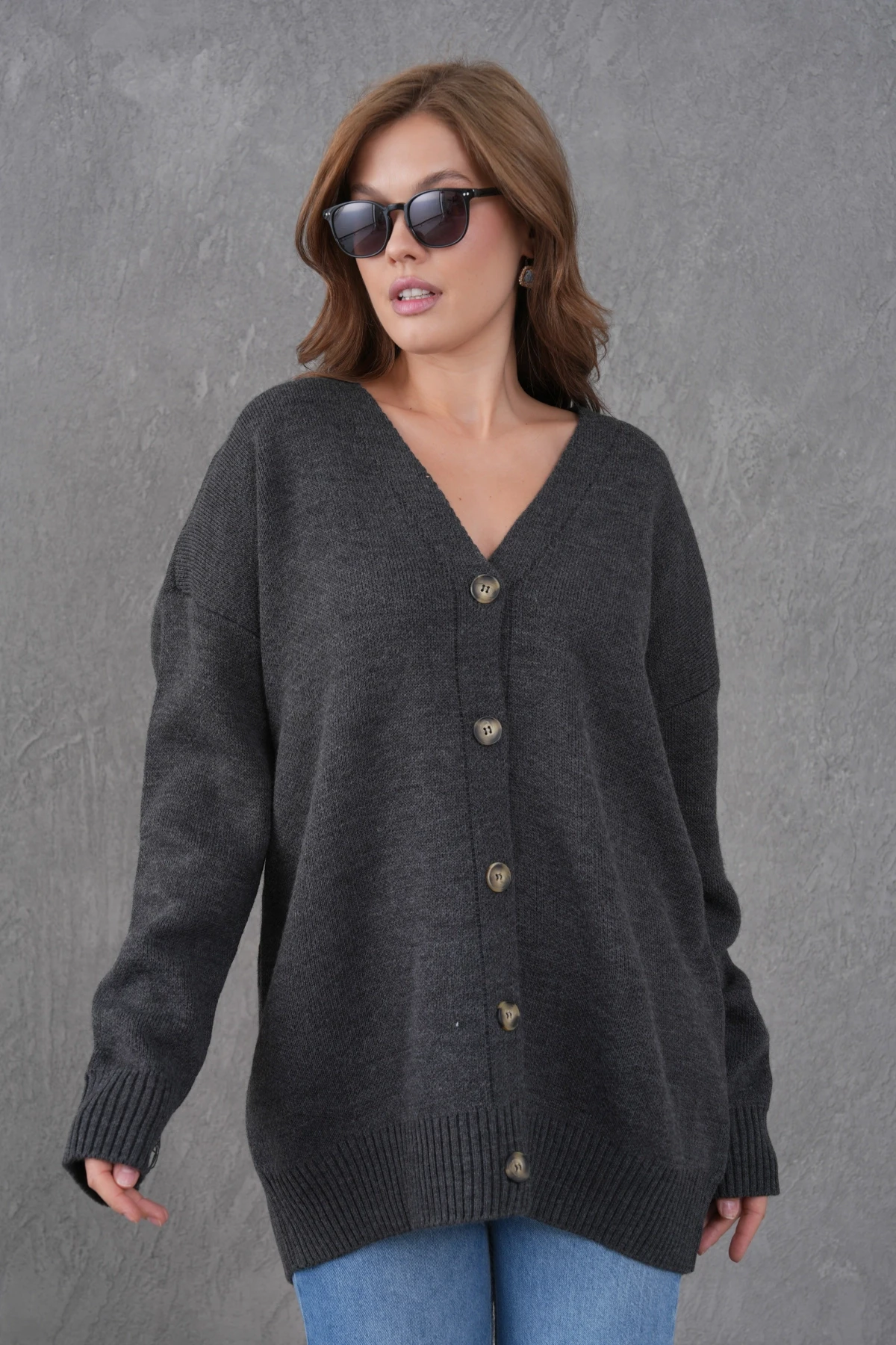 Kadın V Yaka Düğme Kapama Oversize Uzun Triko Hırka 8596