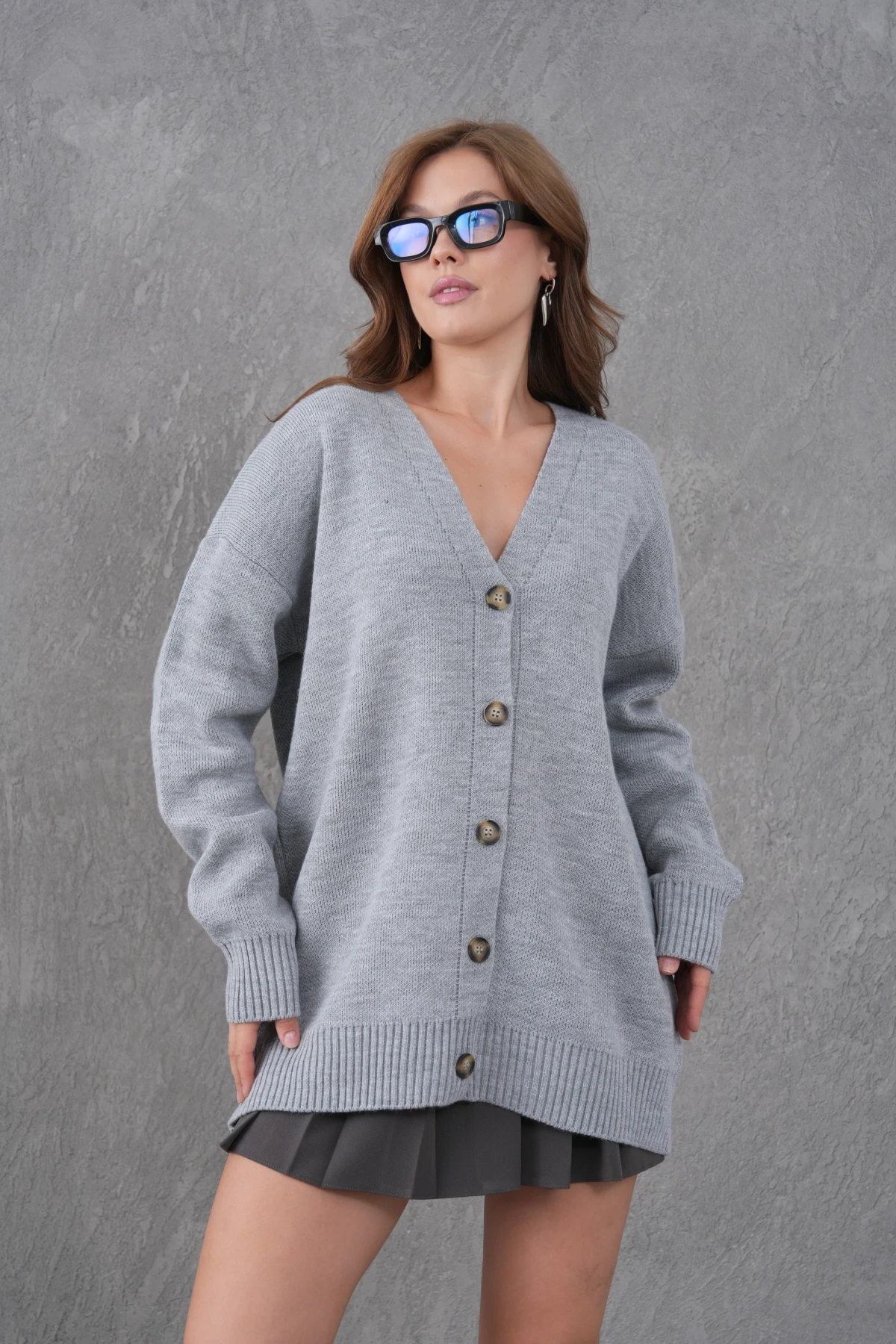 Kadın V Yaka Düğme Kapama Oversize Uzun Triko Hırka 8596