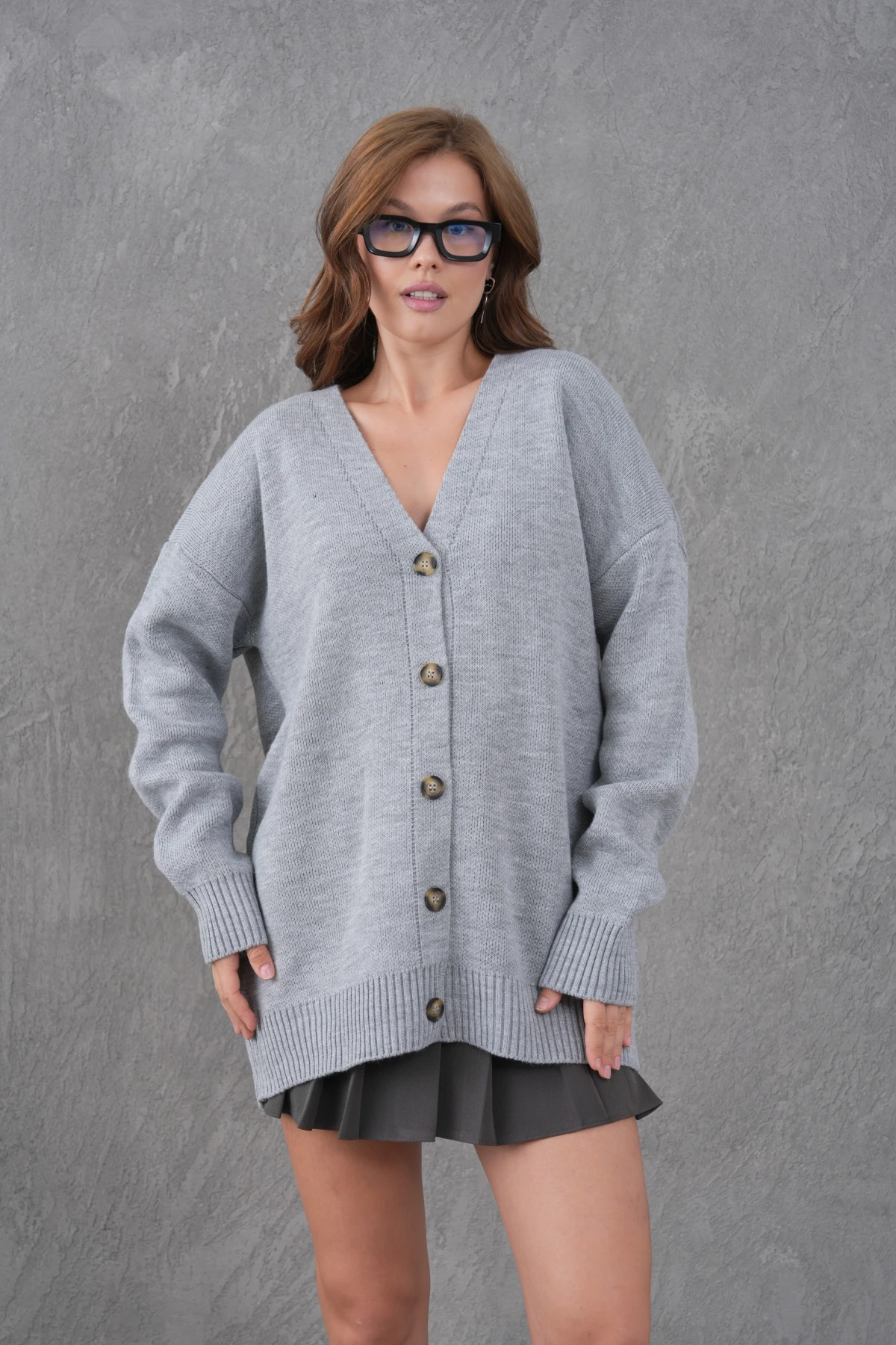 Kadın V Yaka Düğme Kapama Oversize Uzun Triko Hırka 8596