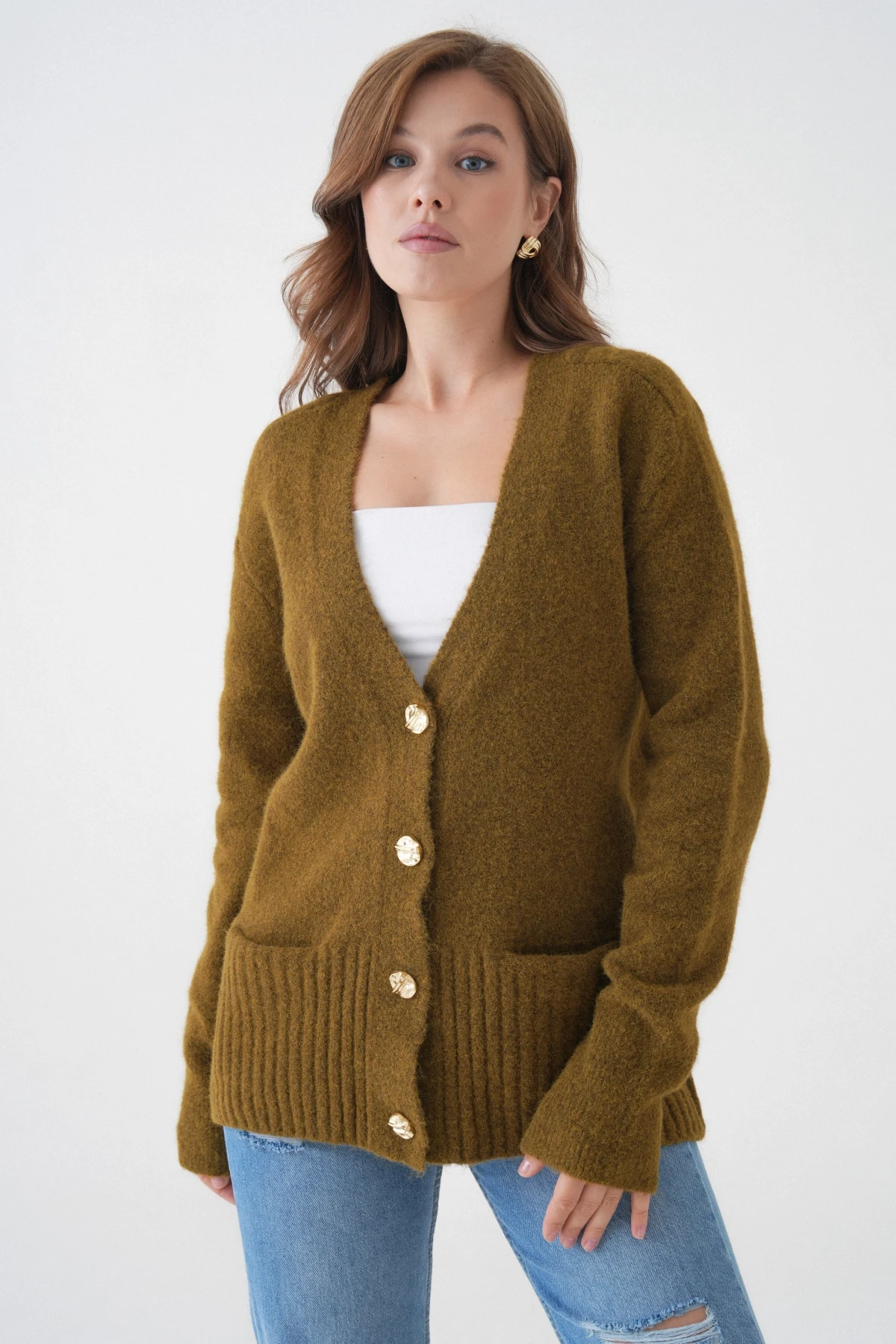 Kadın V Yaka Düğme Kapama Yün Karışımlı Şardonlu Oversize Triko Hırka 8641Sw