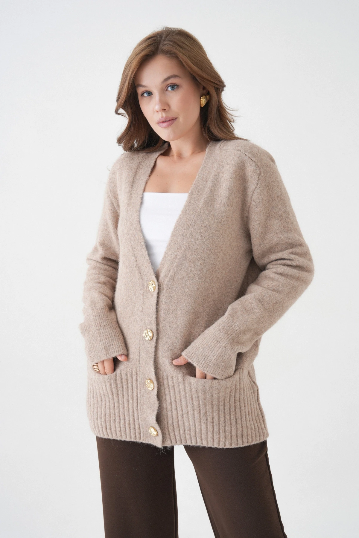 Kadın V Yaka Düğme Kapama Yün Karışımlı Şardonlu Oversize Triko Hırka 8641Sw