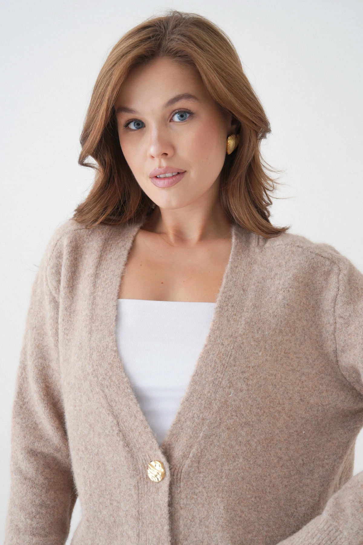 Kadın V Yaka Düğme Kapama Yün Karışımlı Şardonlu Oversize Triko Hırka 8641Sw