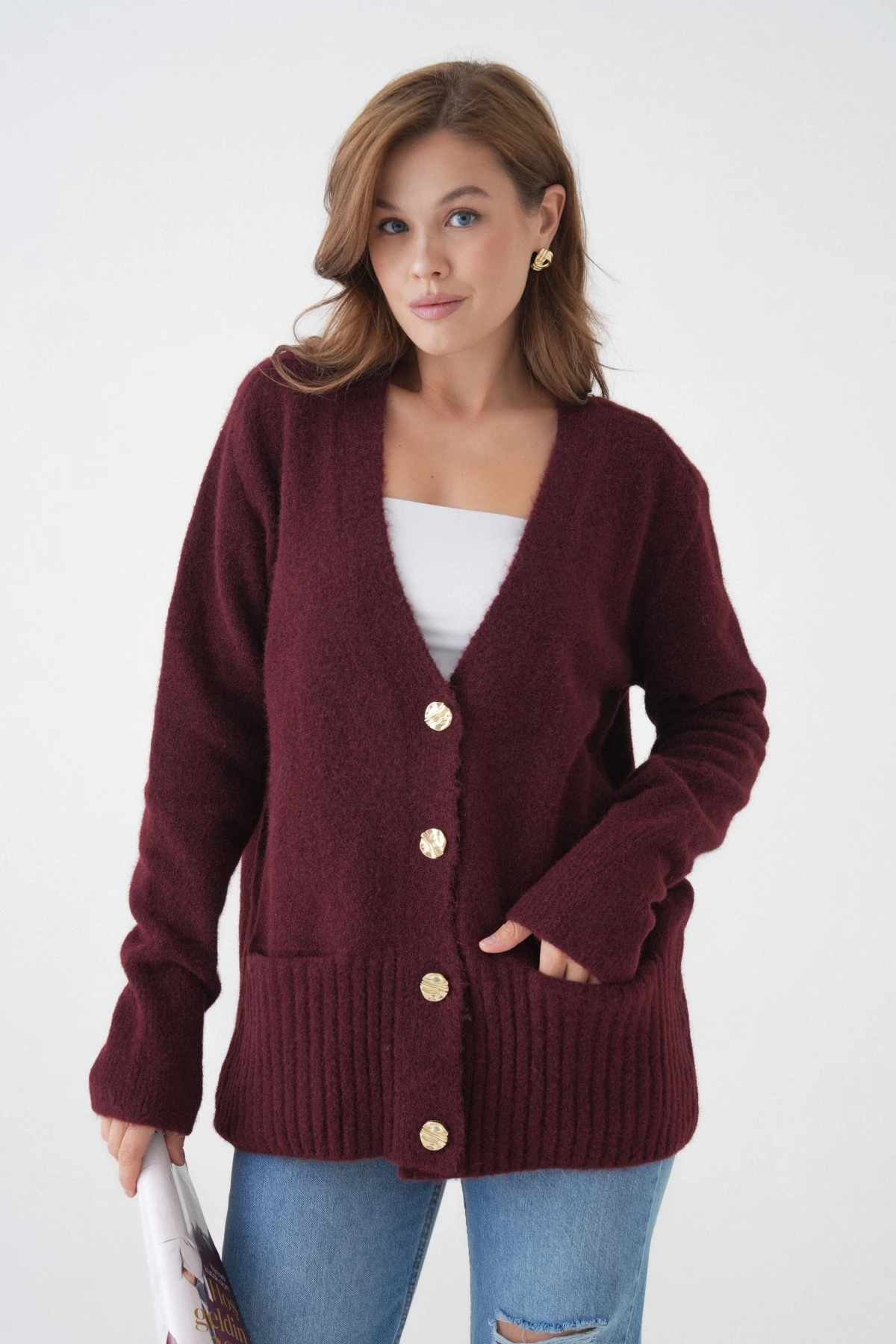 Kadın V Yaka Düğme Kapama Yün Karışımlı Şardonlu Oversize Triko Hırka 8641Sw