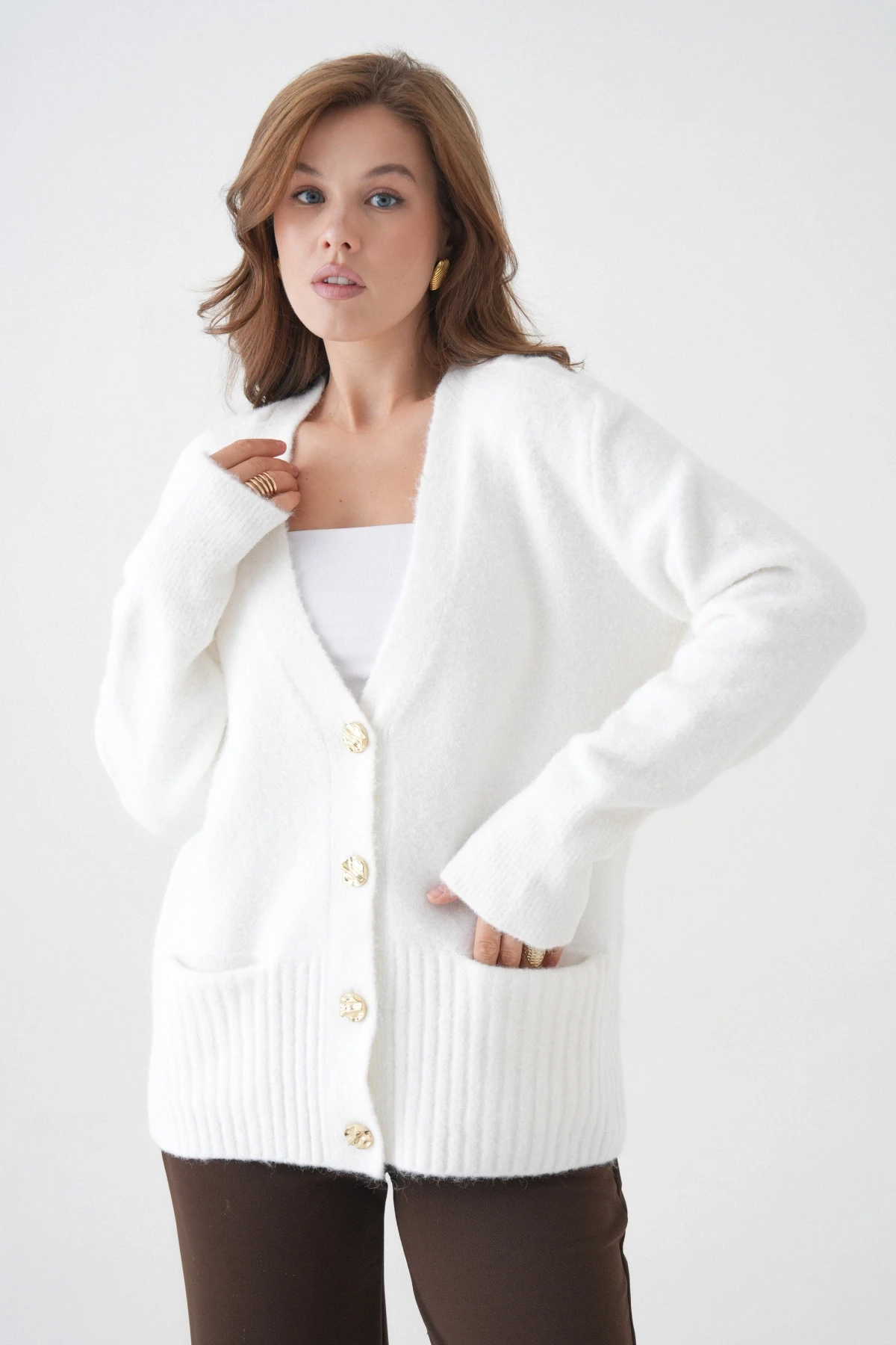 Kadın V Yaka Düğme Kapama Yün Karışımlı Şardonlu Oversize Triko Hırka 8641Sw