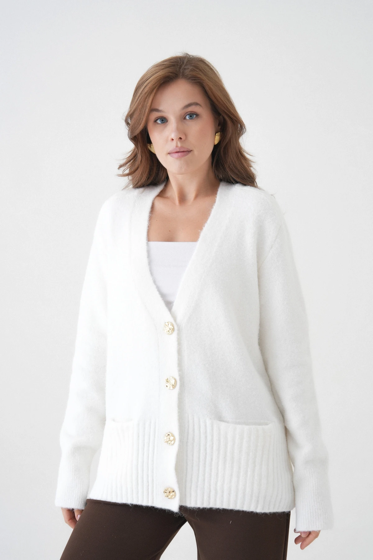 Kadın V Yaka Düğme Kapama Yün Karışımlı Şardonlu Oversize Triko Hırka 8641Sw