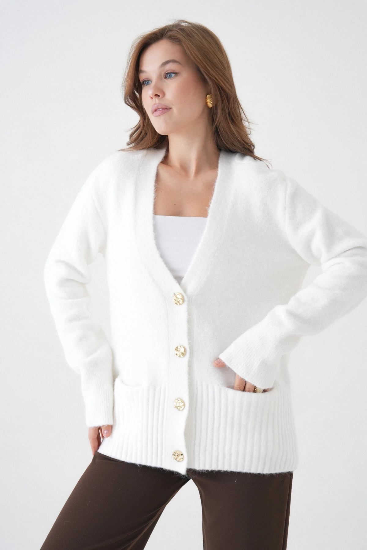 Kadın V Yaka Düğme Kapama Yün Karışımlı Şardonlu Oversize Triko Hırka 8641Sw