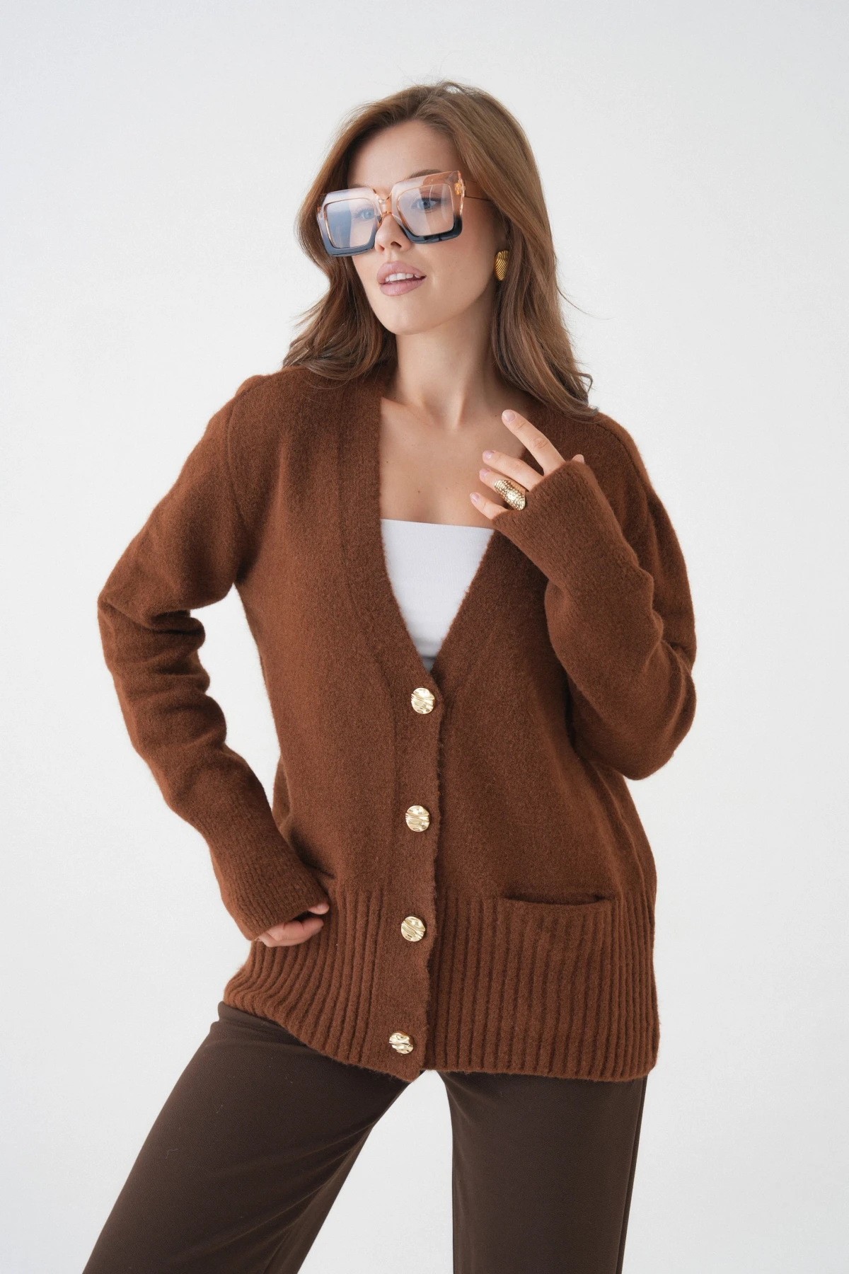 Kadın V Yaka Düğme Kapama Yün Karışımlı Şardonlu Oversize Triko Hırka 8641Sw