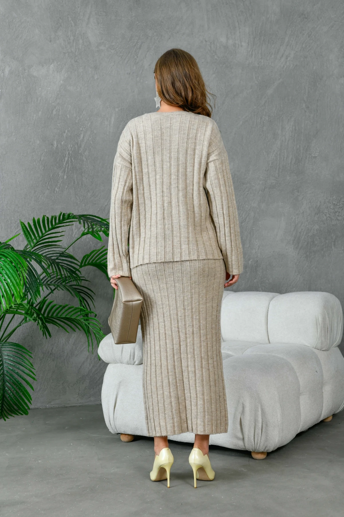 Kadın V Yaka Fitilli Kazak Etek İkili Triko Takım