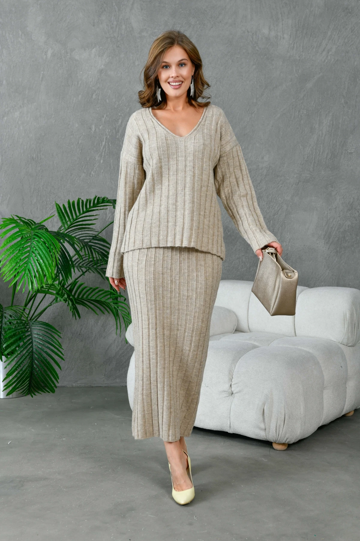 Kadın V Yaka Fitilli Kazak Etek İkili Triko Takım