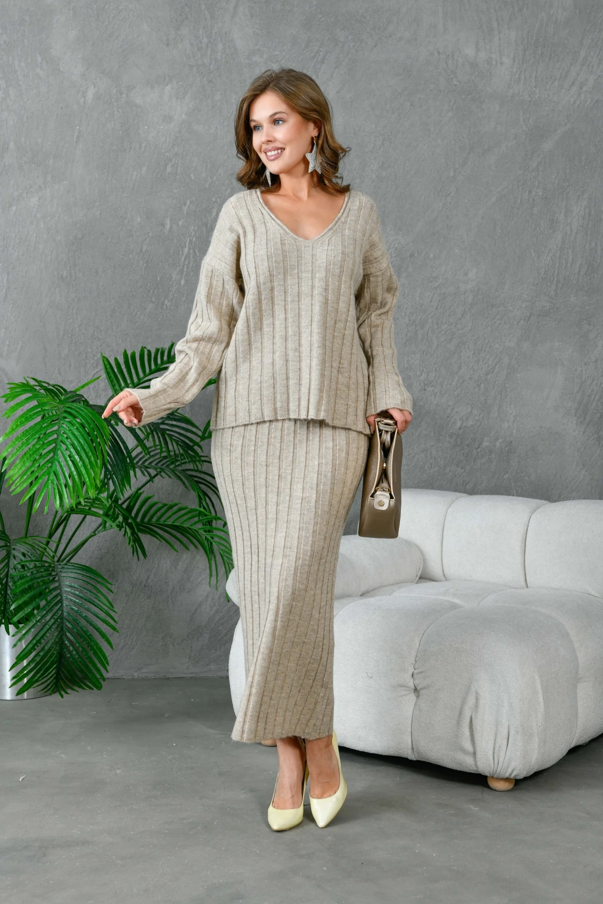 Kadın V Yaka Fitilli Kazak Etek İkili Triko Takım