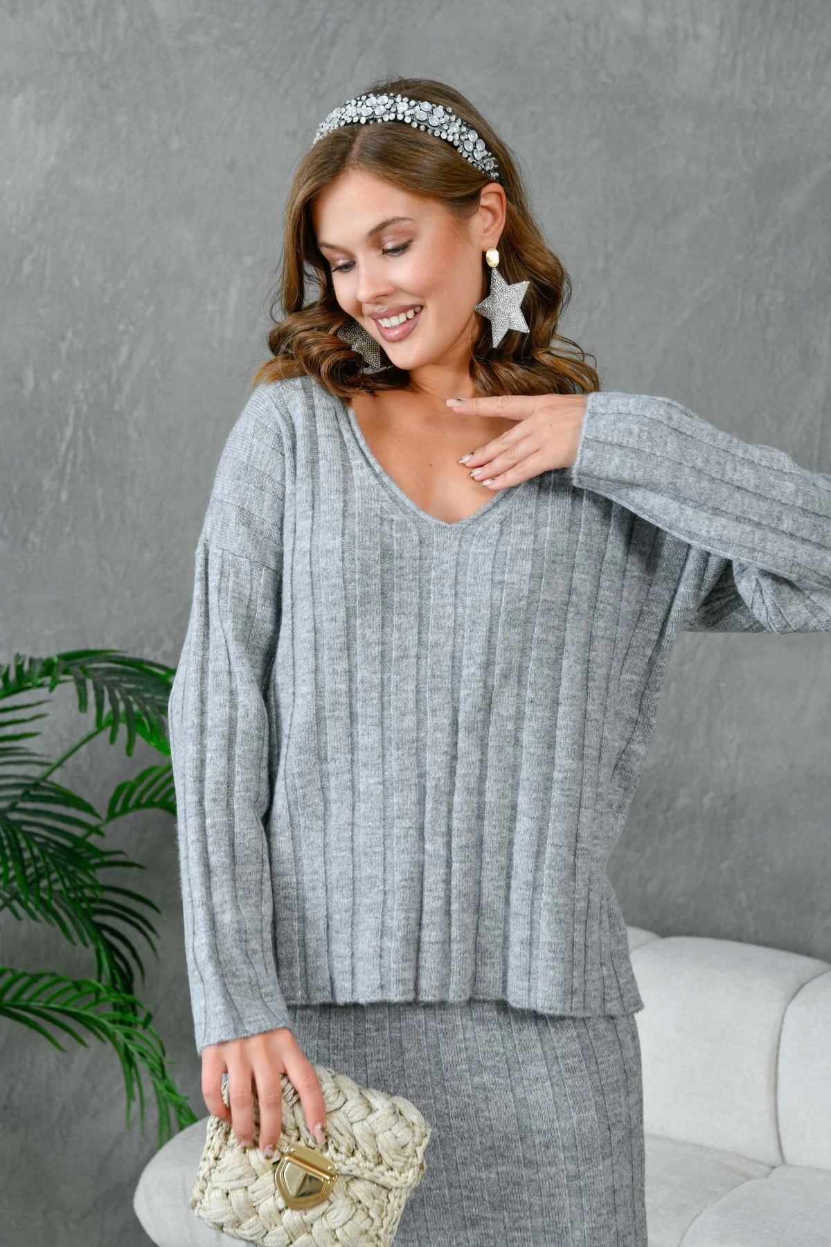 Kadın V Yaka Fitilli Kazak Etek İkili Triko Takım