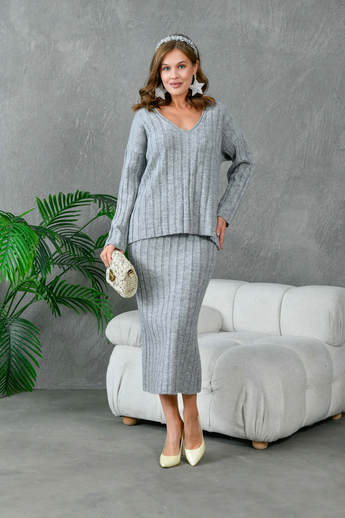 Kadın V Yaka Fitilli Kazak Etek İkili Triko Takım