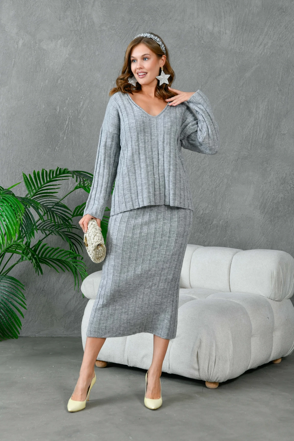 Kadın V Yaka Fitilli Kazak Etek İkili Triko Takım