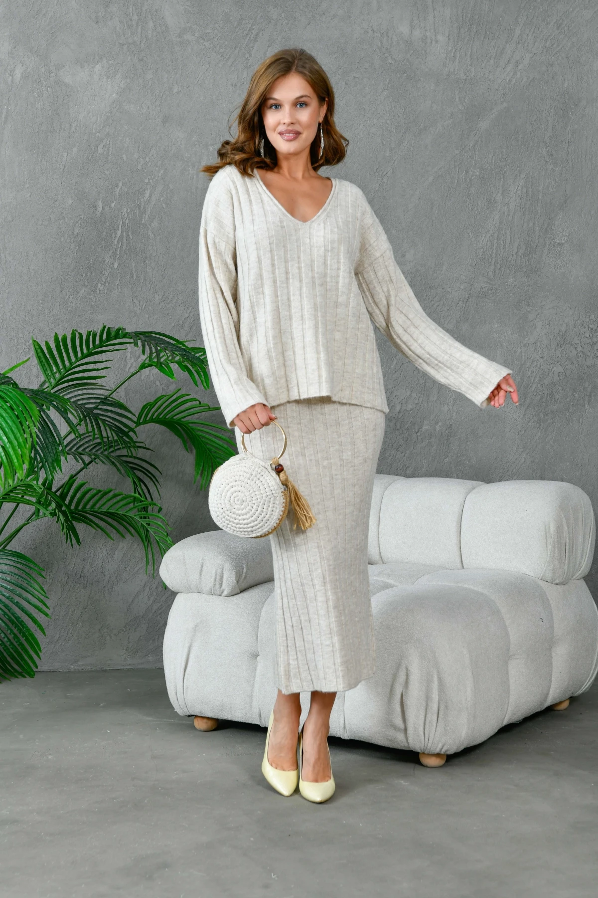 Kadın V Yaka Fitilli Kazak Etek İkili Triko Takım