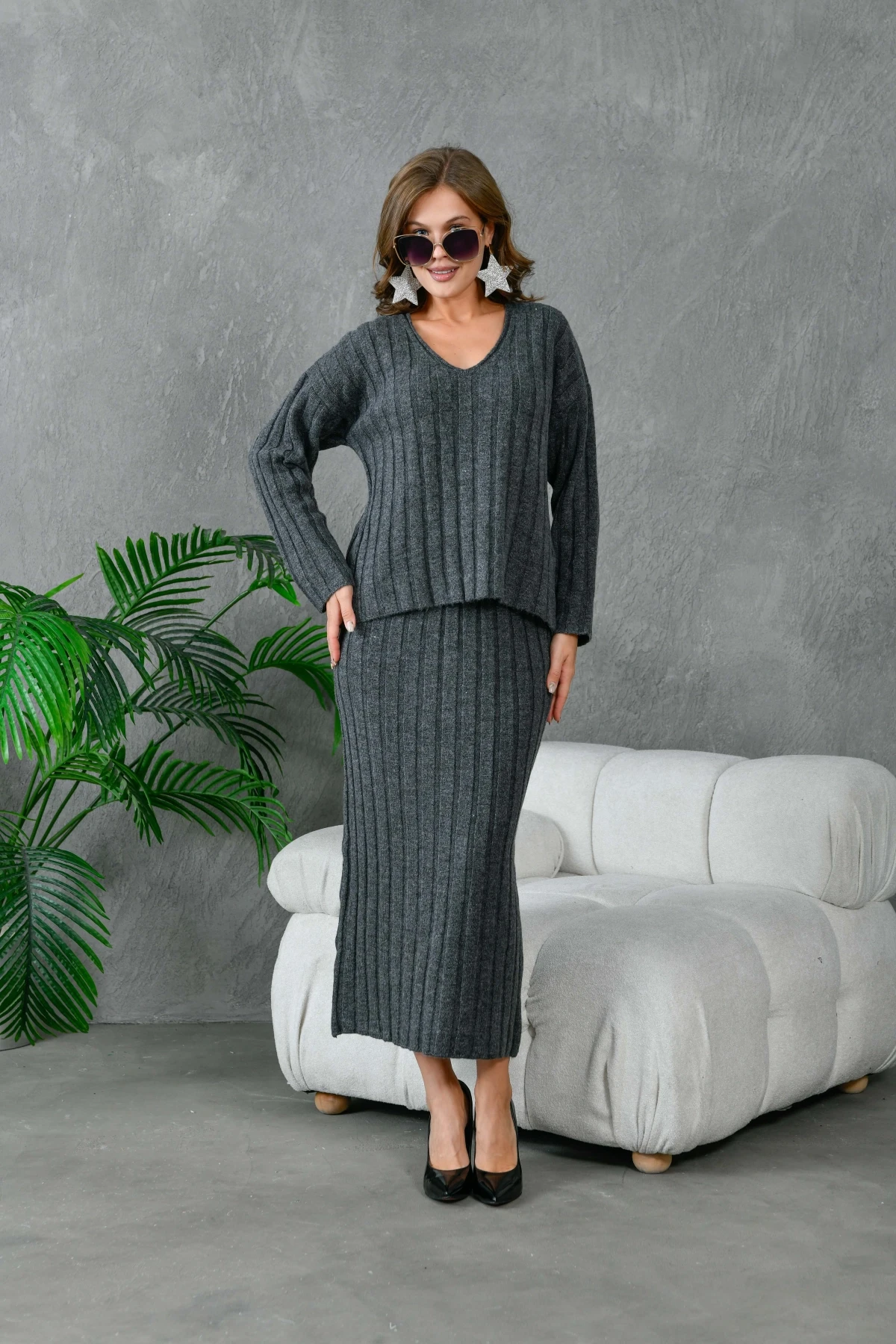 Kadın V Yaka Fitilli Kazak Etek İkili Triko Takım