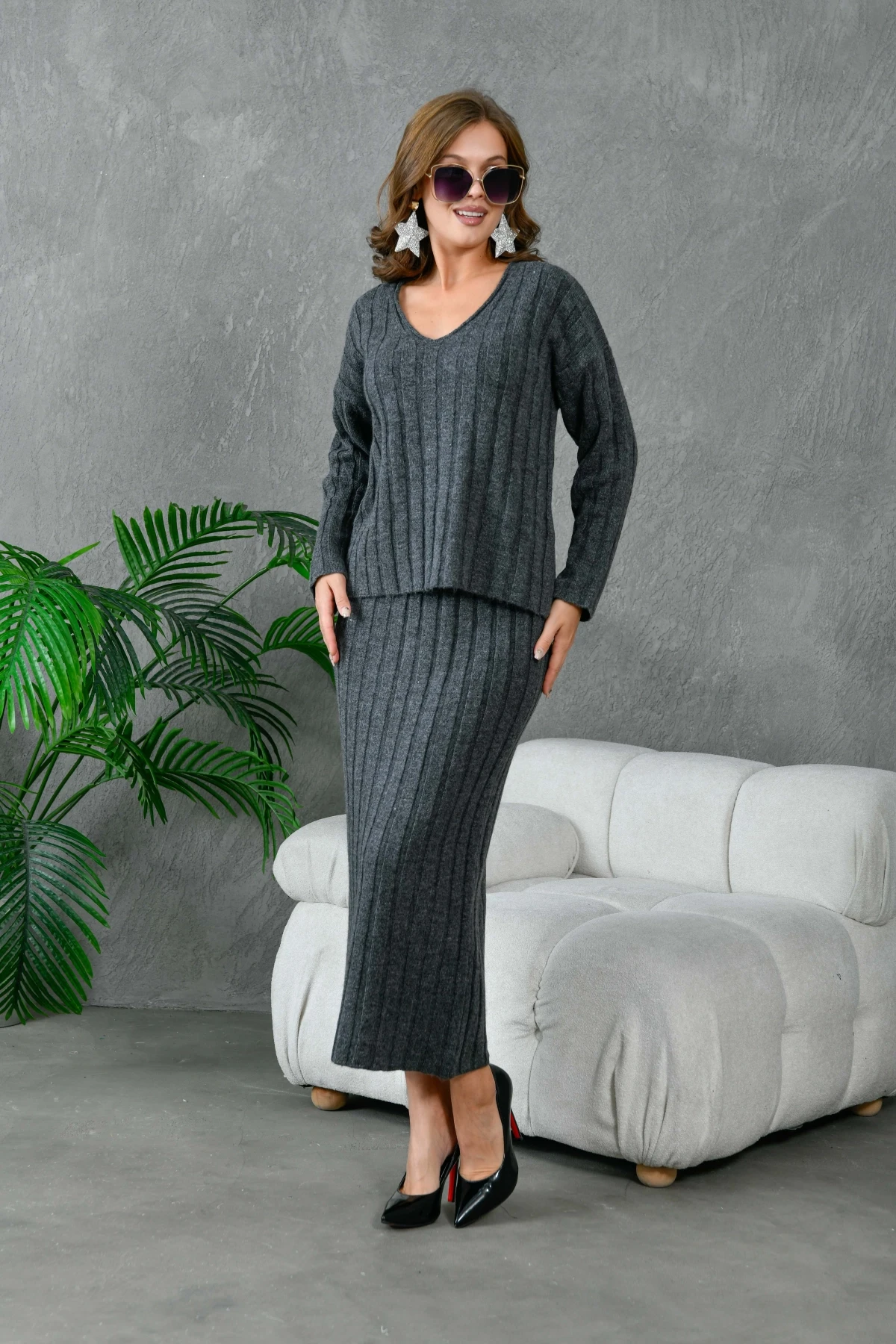 Kadın V Yaka Fitilli Kazak Etek İkili Triko Takım