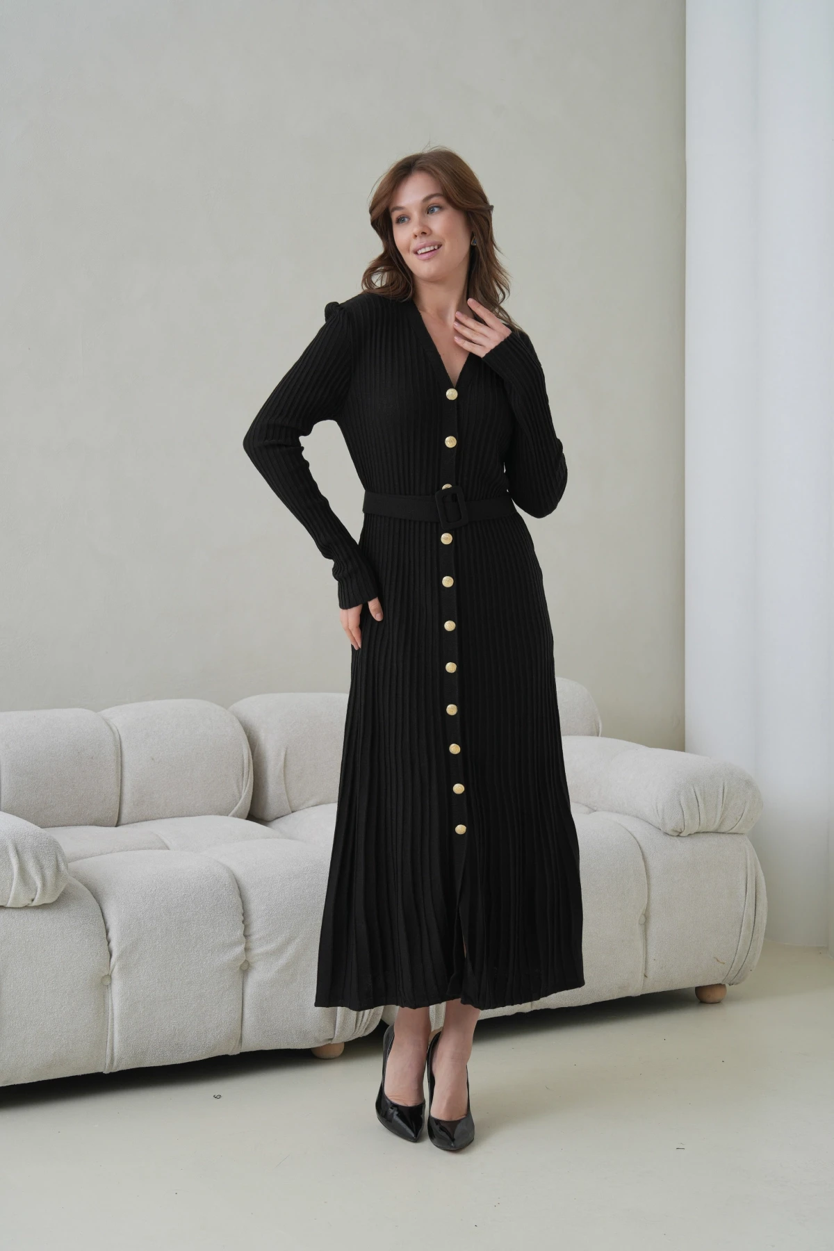 Kadın V Yaka Ful Düğme Kapama Kemer Detay Maksi Boy Fitilli Triko Elbise